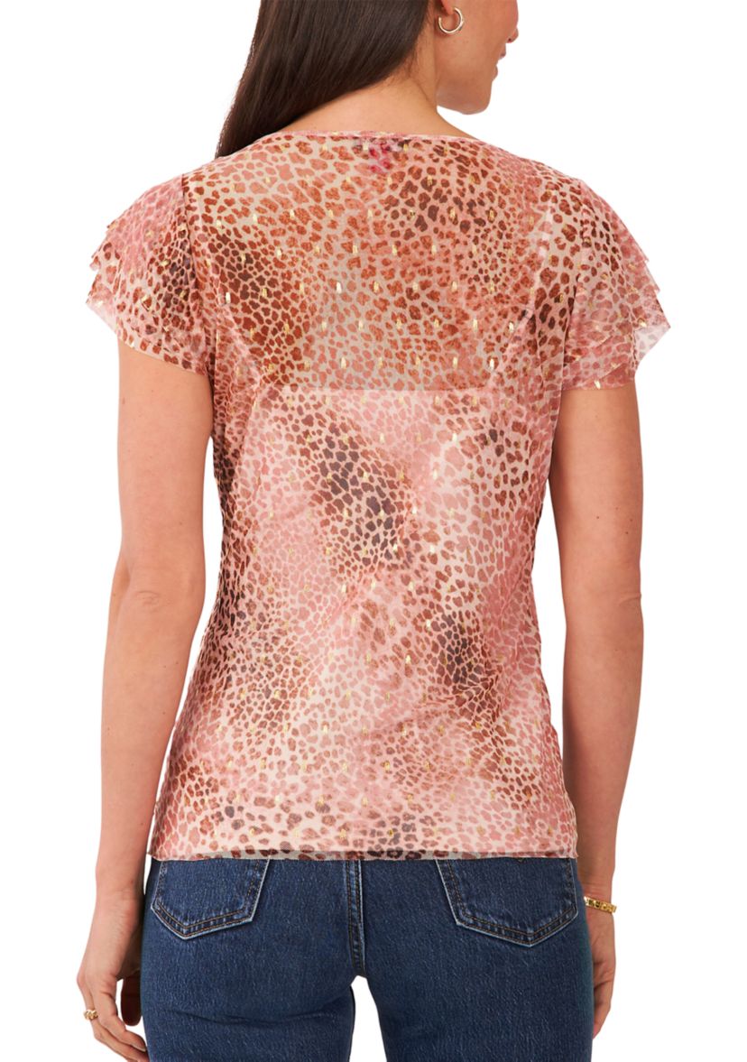Petite Crew Neck Top with 3-Layer Ruffle Short Sleeves 