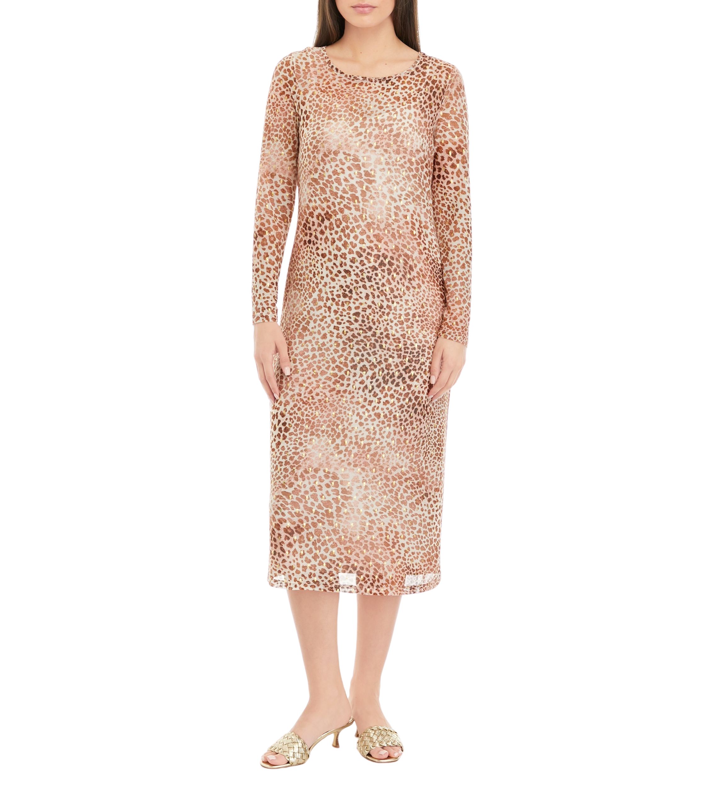 Petite Crew Neck Long Sleeve Mesh Midi Dress