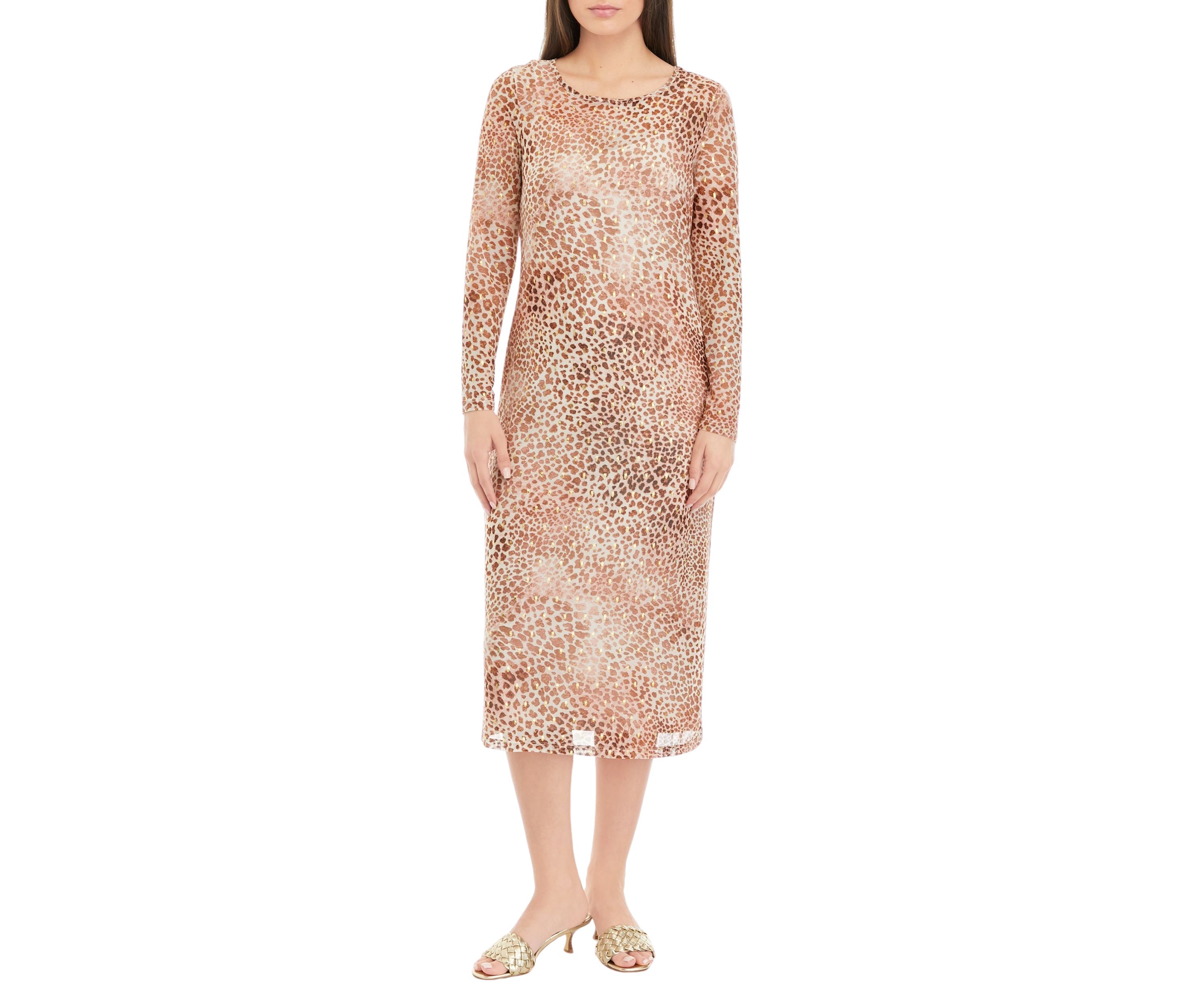 Petite Crew Neck Long Sleeve Mesh Midi Dress