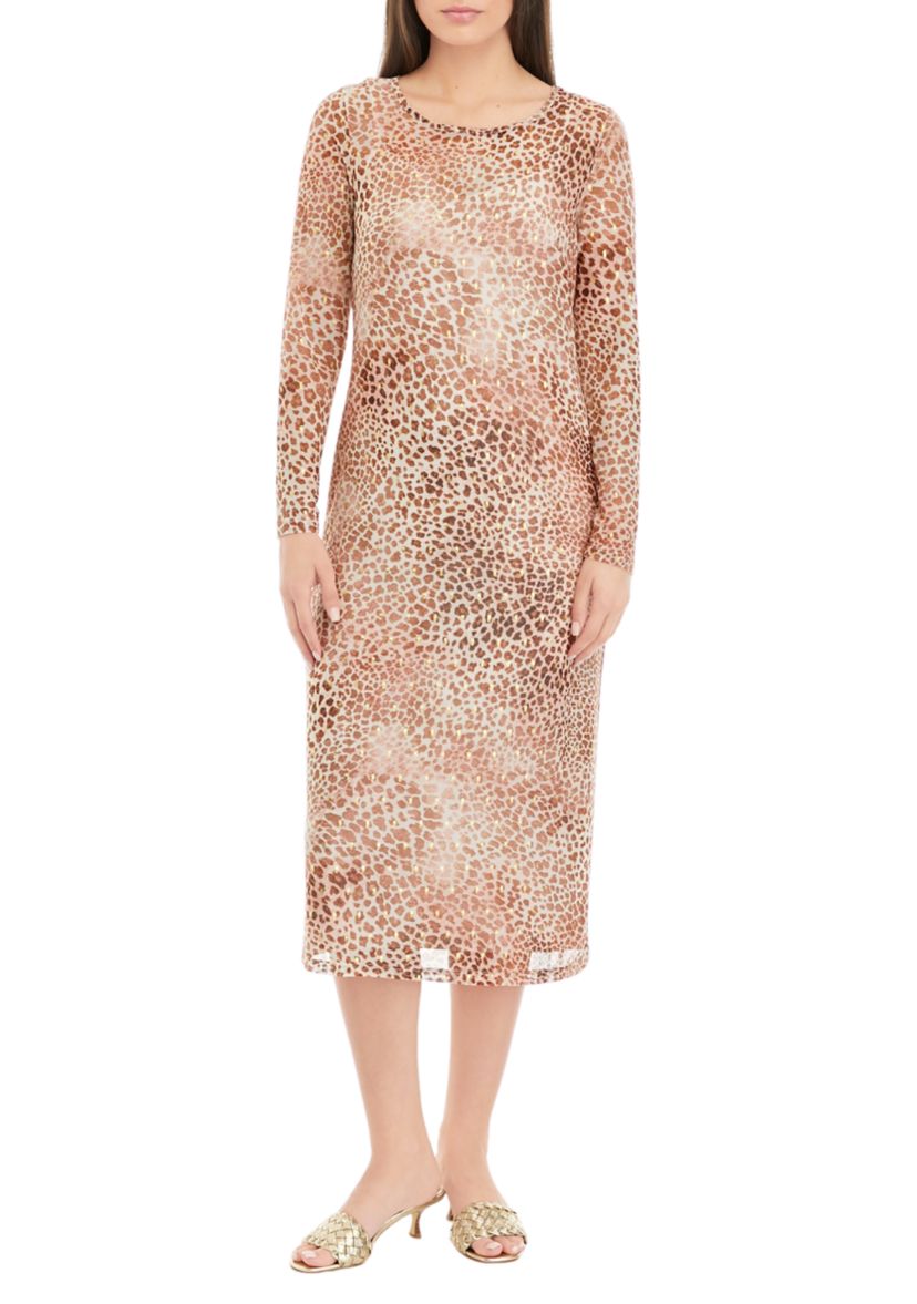 Petite Crew Neck Long Sleeve Mesh Midi Dress