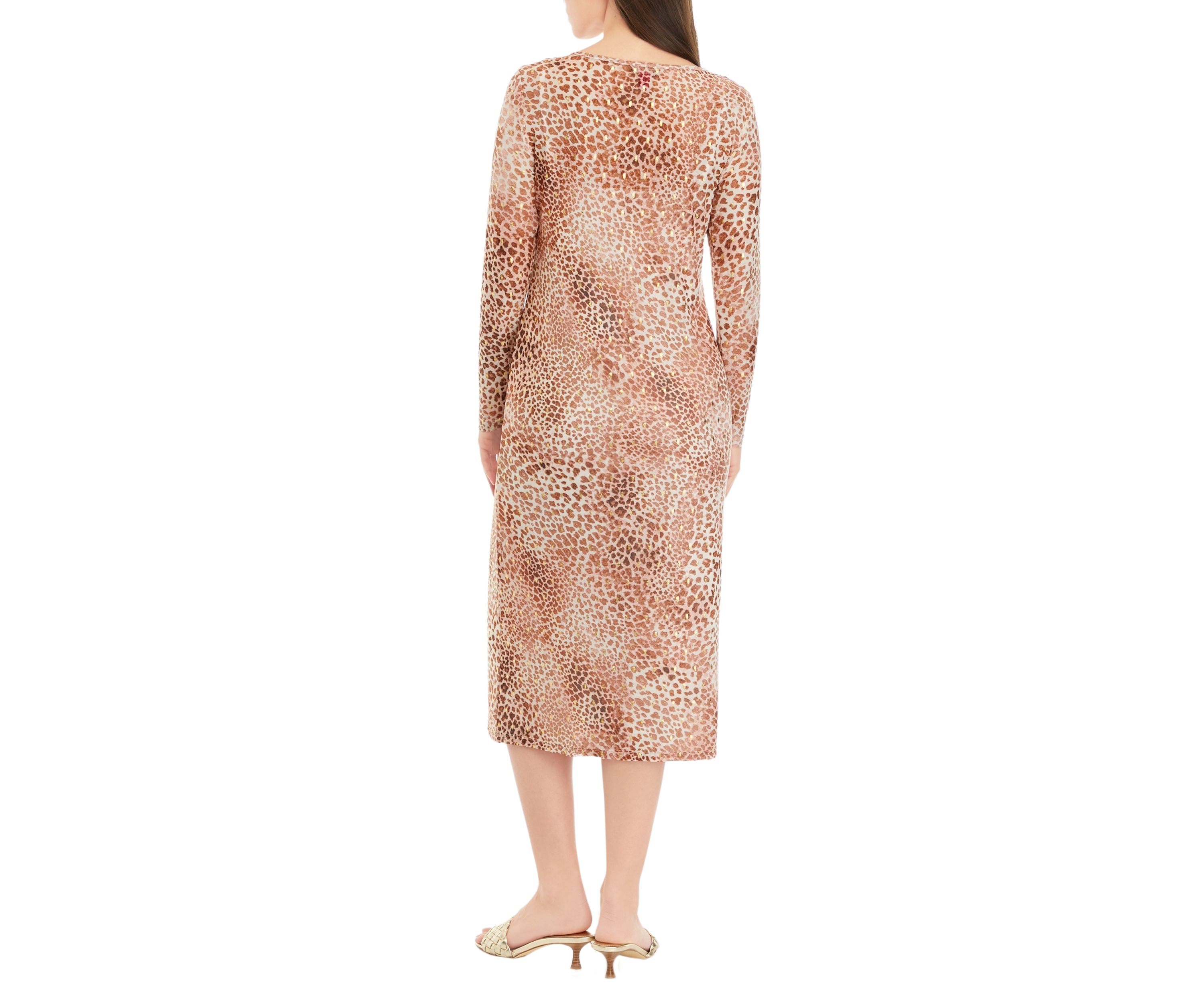Petite Crew Neck Long Sleeve Mesh Midi Dress