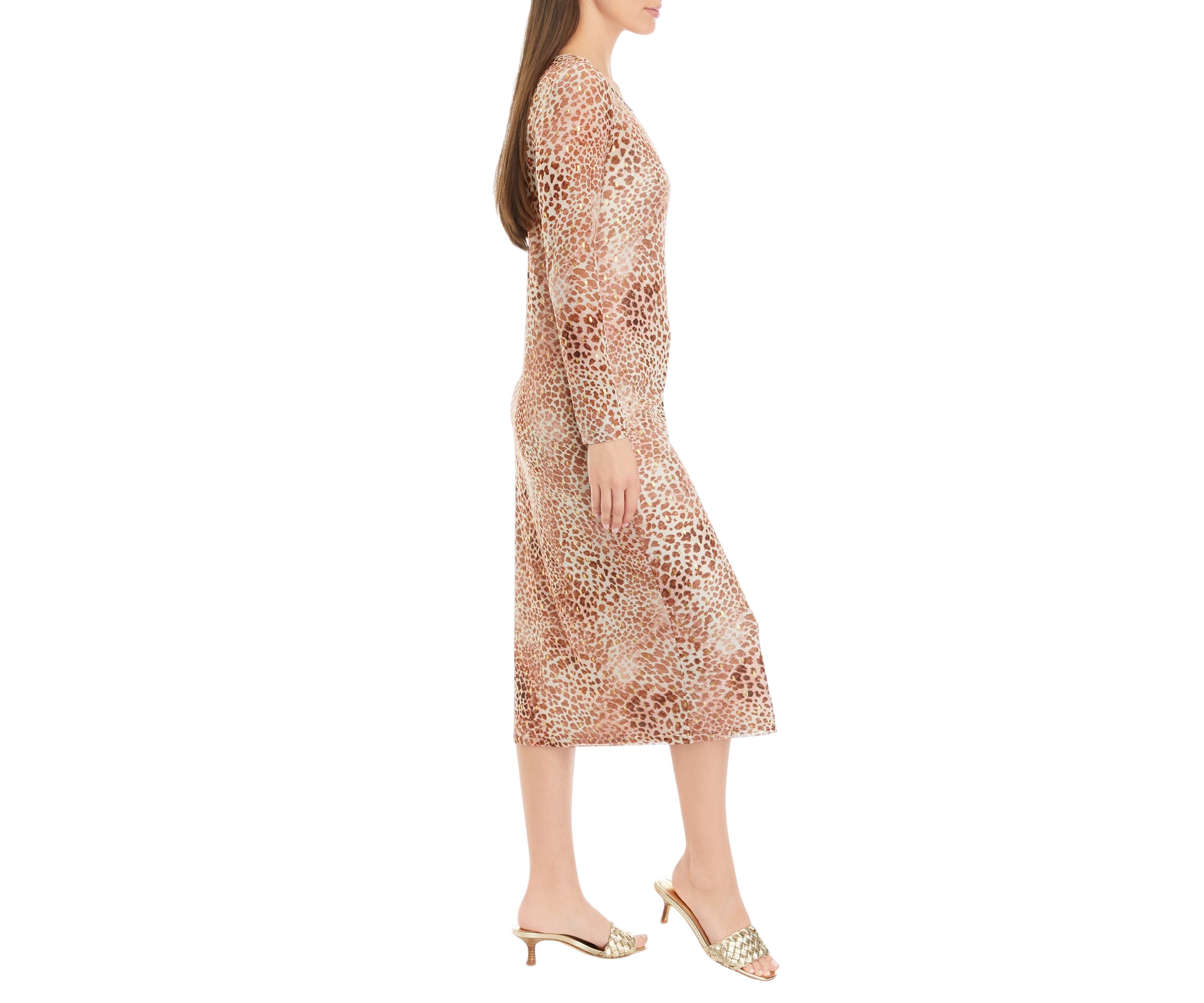 Petite Crew Neck Long Sleeve Mesh Midi Dress