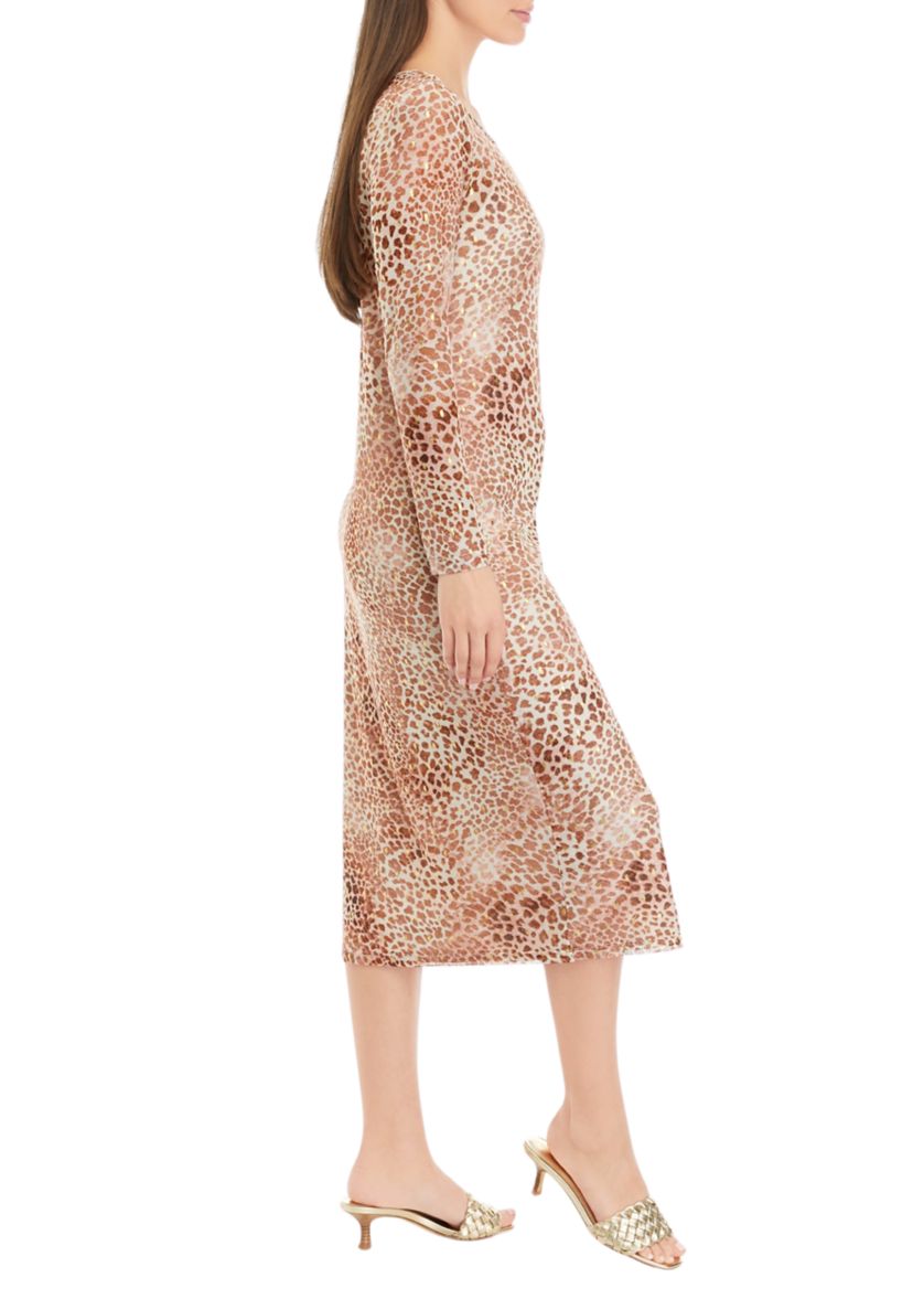 Petite Crew Neck Long Sleeve Mesh Midi Dress