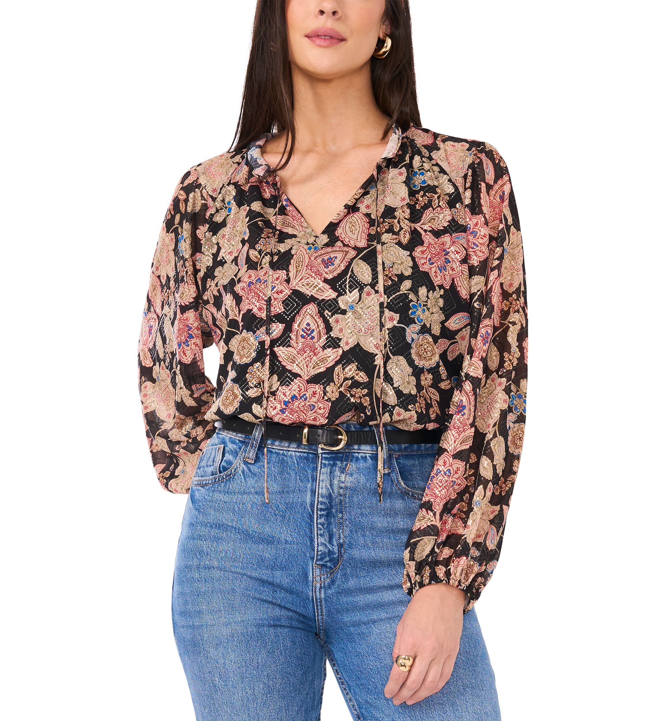 Petite Peasant Split Neck Blouse