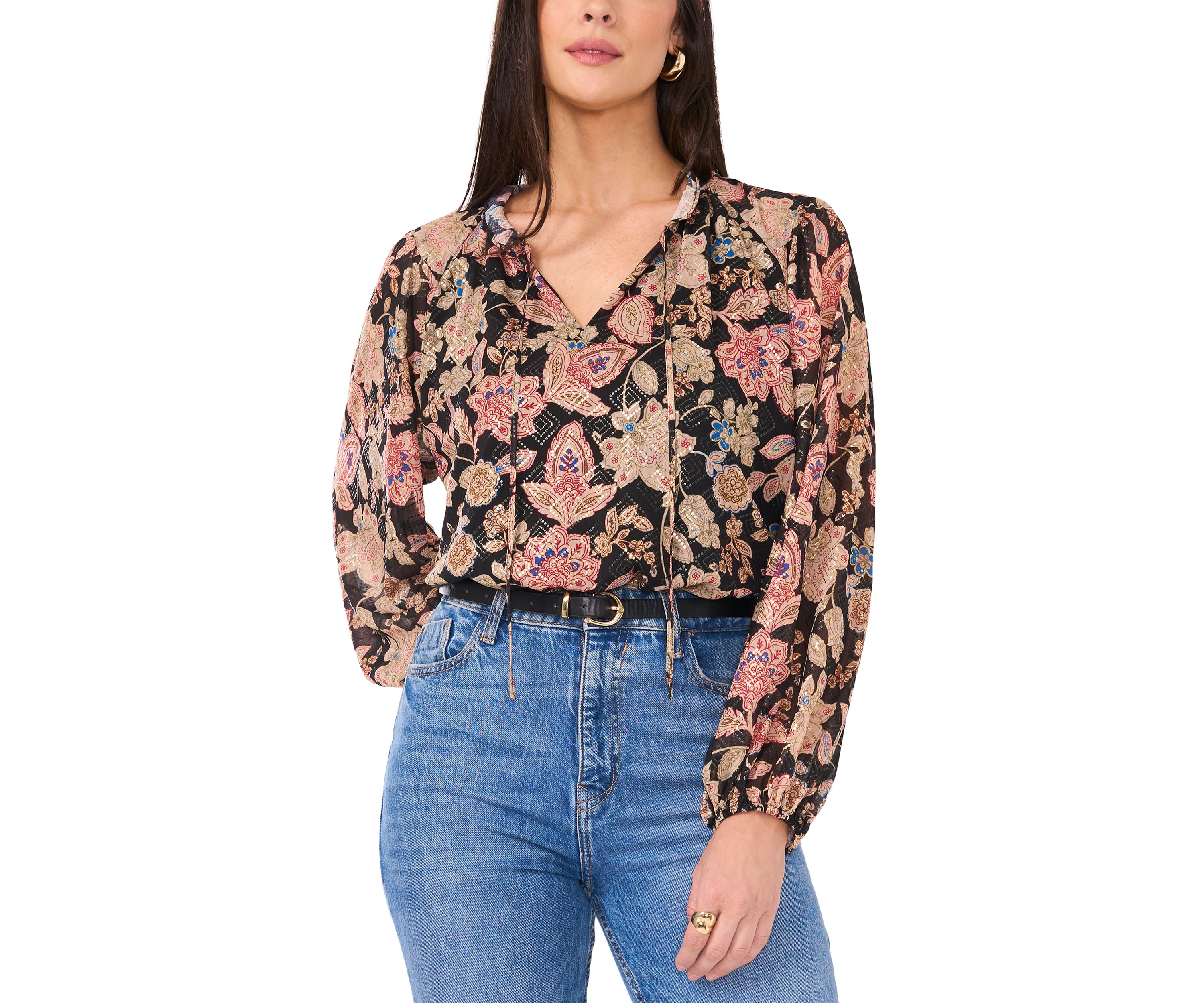 Petite Peasant Split Neck Blouse