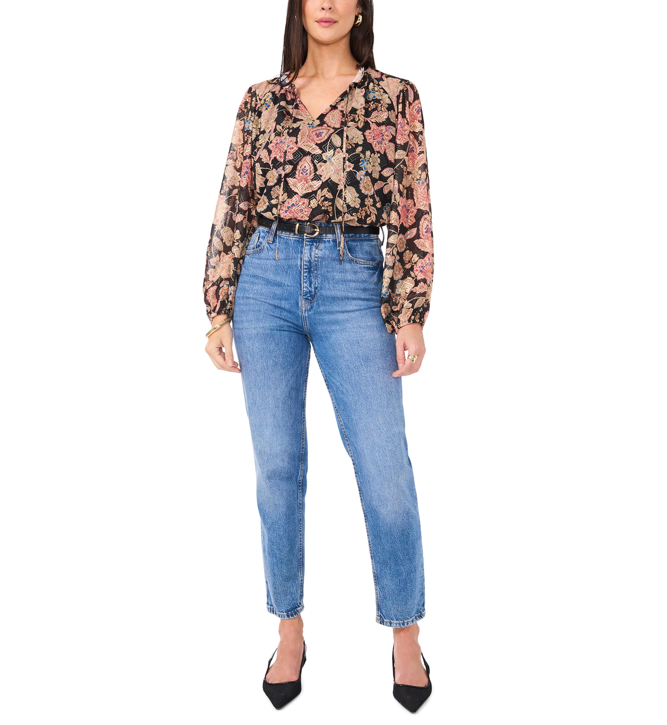 Petite Peasant Split Neck Blouse