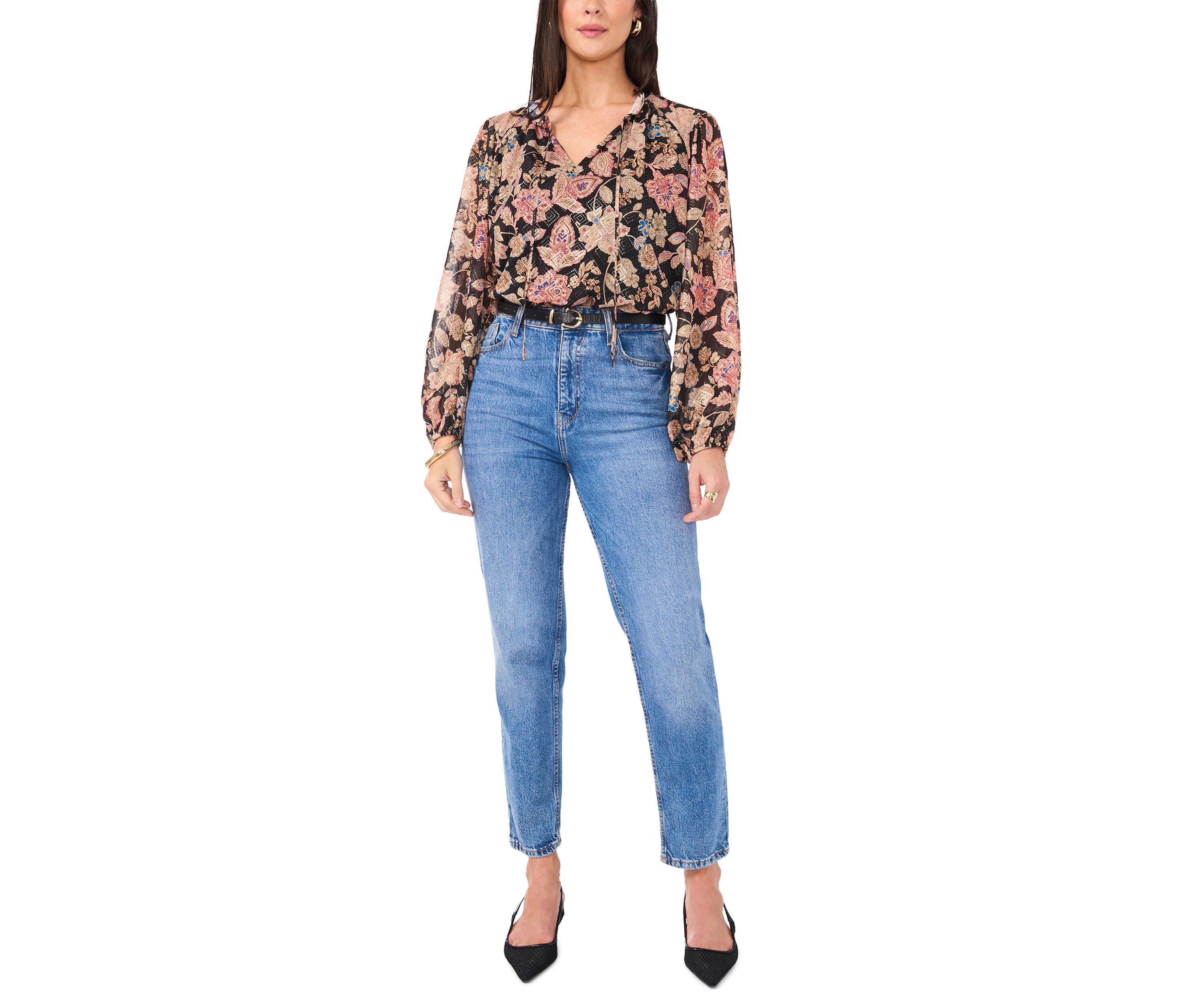 Petite Peasant Split Neck Blouse