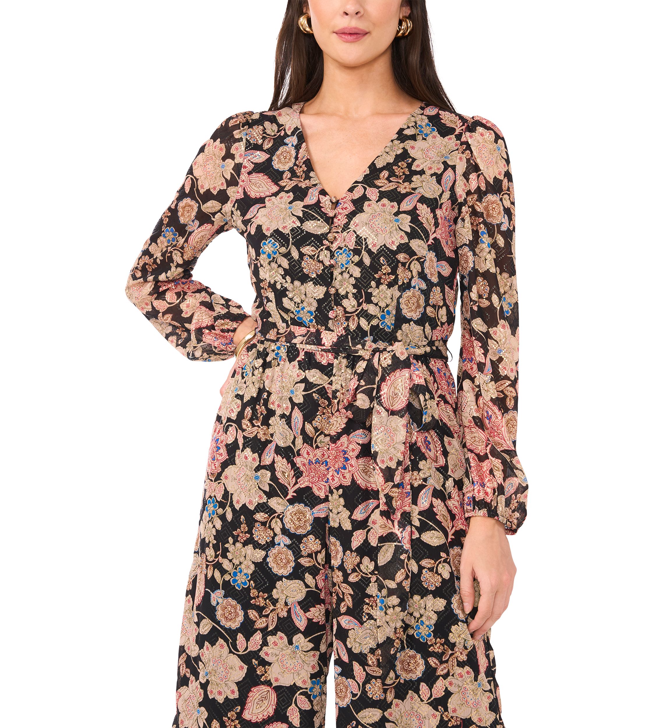 Petite V-Neck Tie Waist Jumpsuit