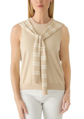 Vince Camuto Women's Petite Sleeveless Solid Tank Top with Attached Stripe Sweater, PXL