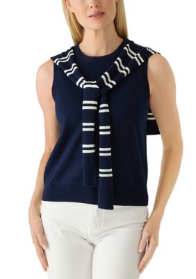 Vince Camuto Women's Petite Sleeveless Solid Tank Top with Attached Stripe Sweater, Navy Blue, PXL