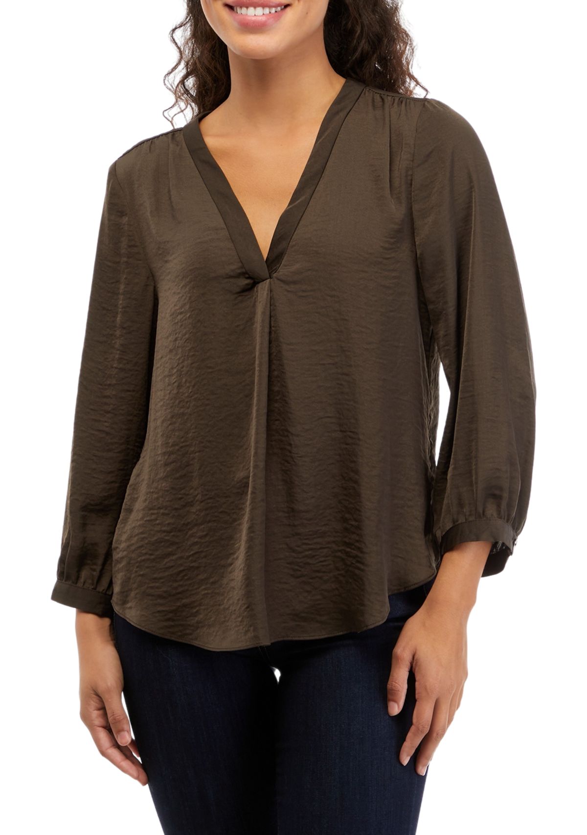 Petite V-Neck Ruffle Pleated Blouse