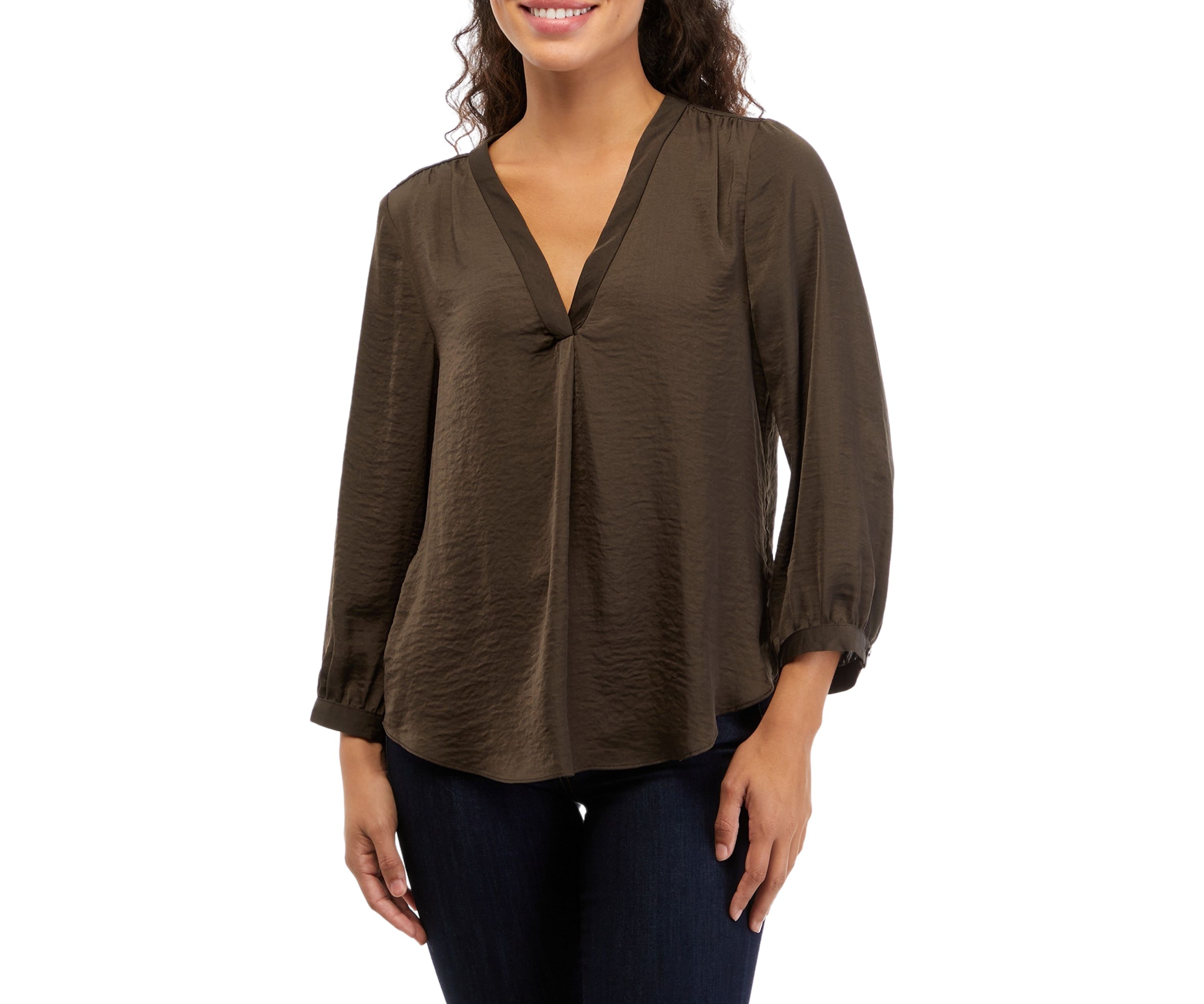 Petite V-Neck Ruffle Pleated Blouse