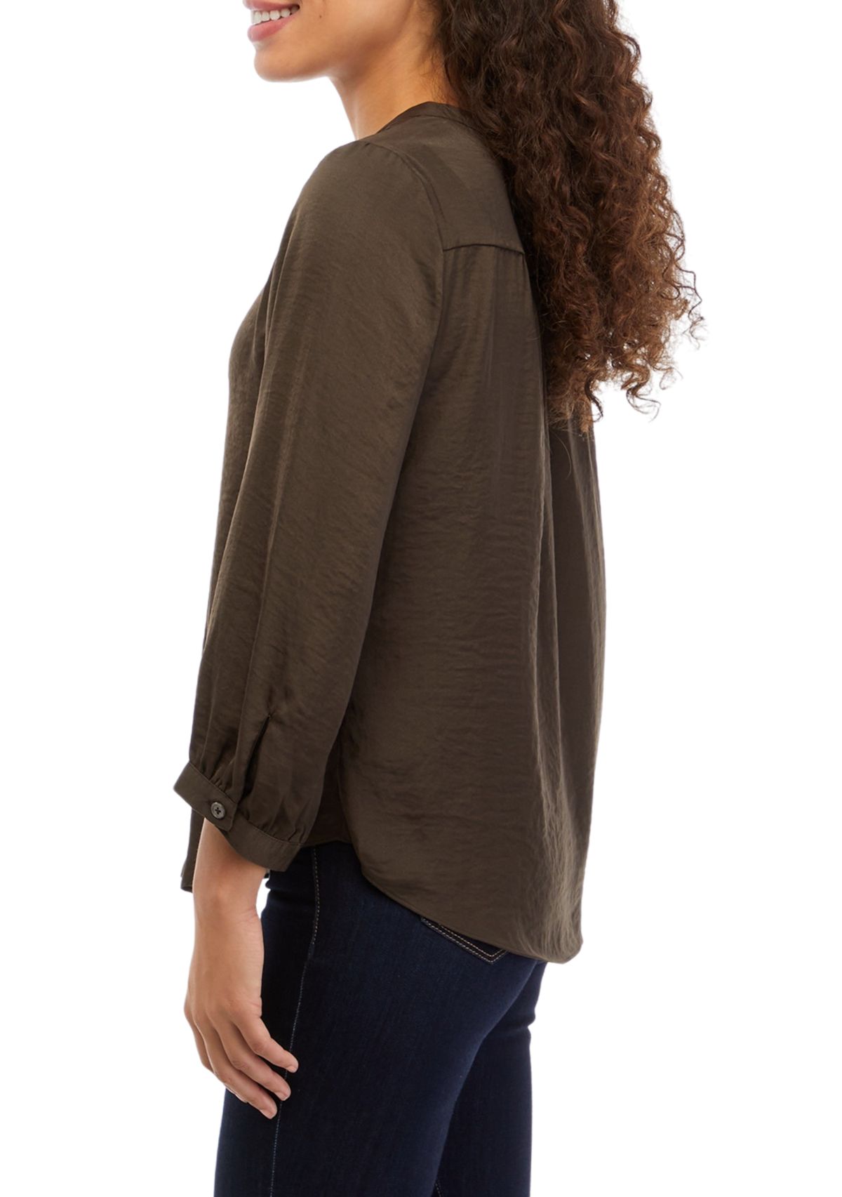 Petite V-Neck Ruffle Pleated Blouse