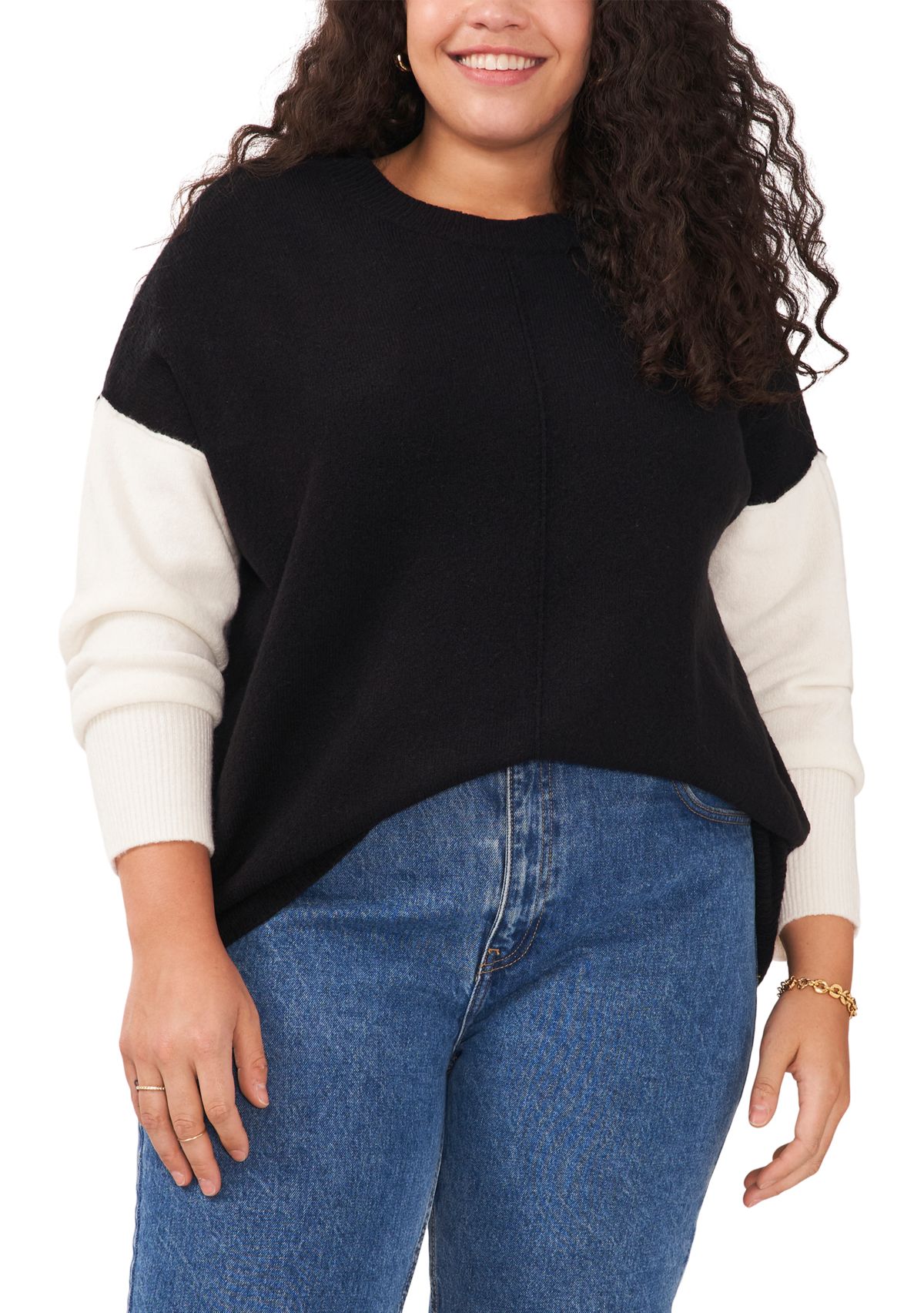 Plus Size Crew Neck Cozy Cashmere Color Block Sleeve Sweater