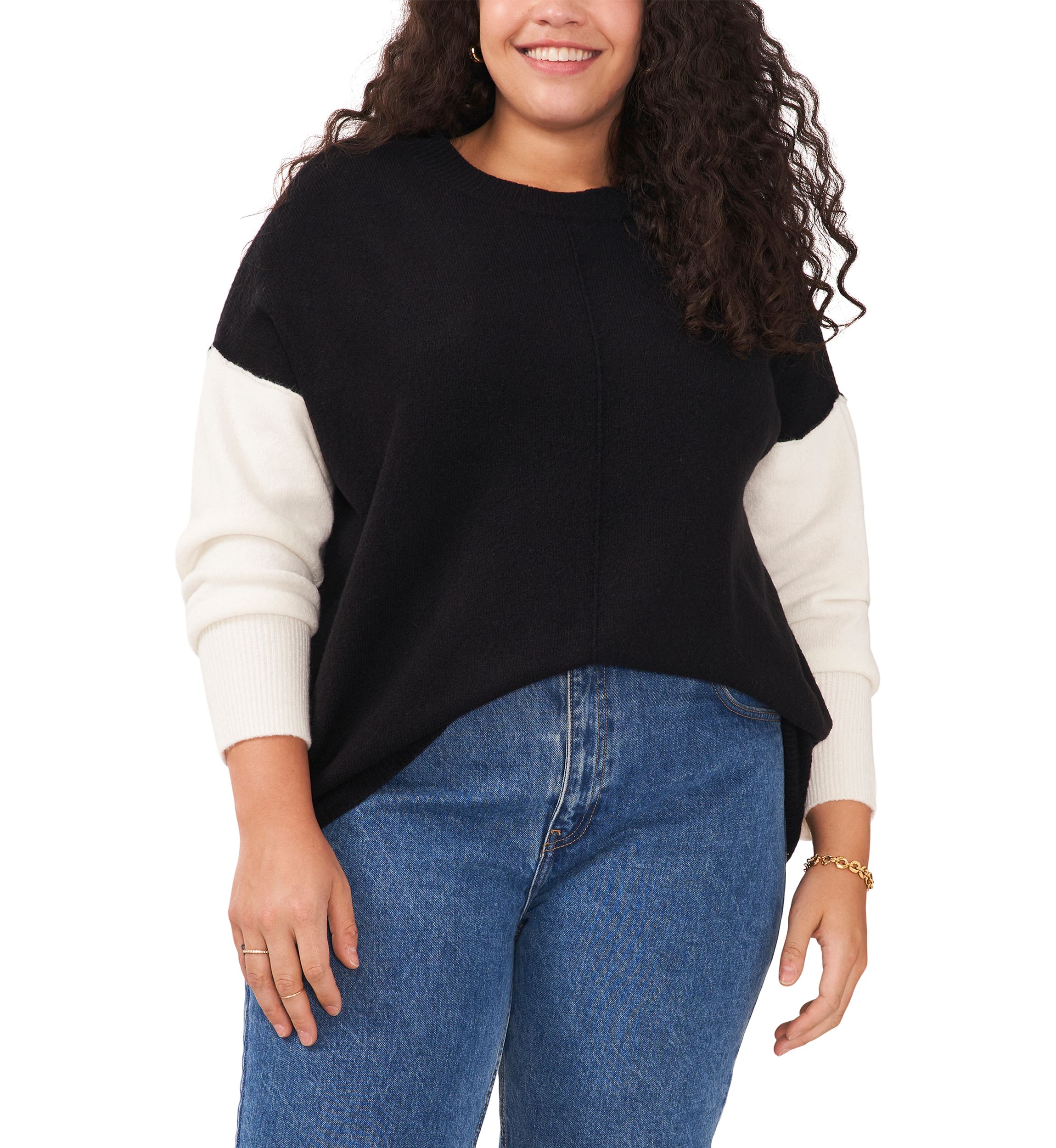 Plus Size Crew Neck Cozy Cashmere Color Block Sleeve Sweater