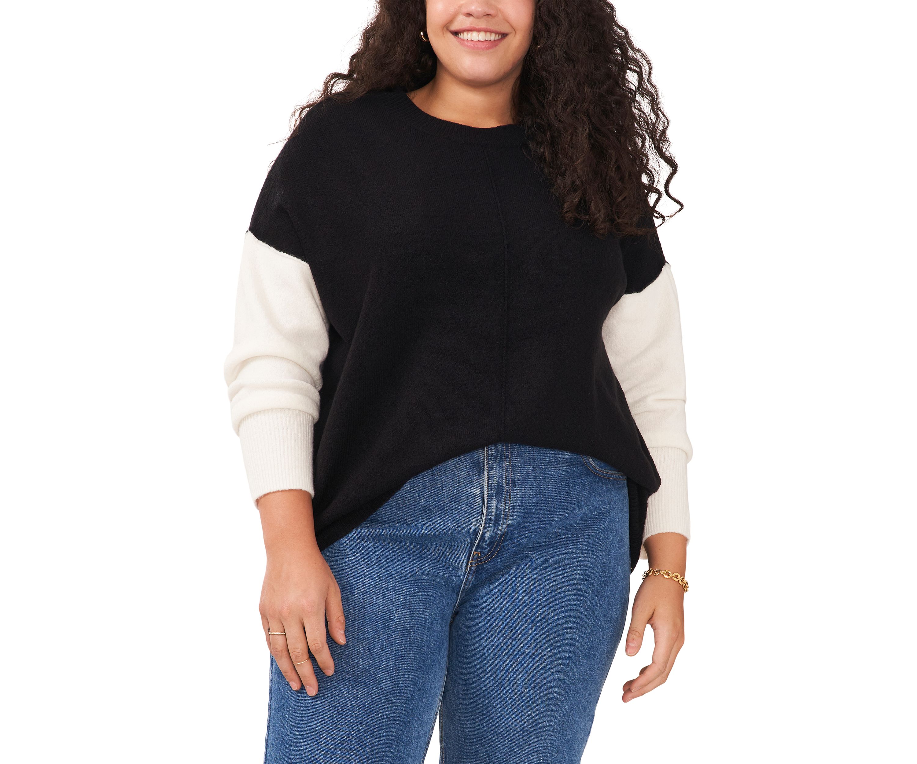 Plus Size Crew Neck Cozy Cashmere Color Block Sleeve Sweater