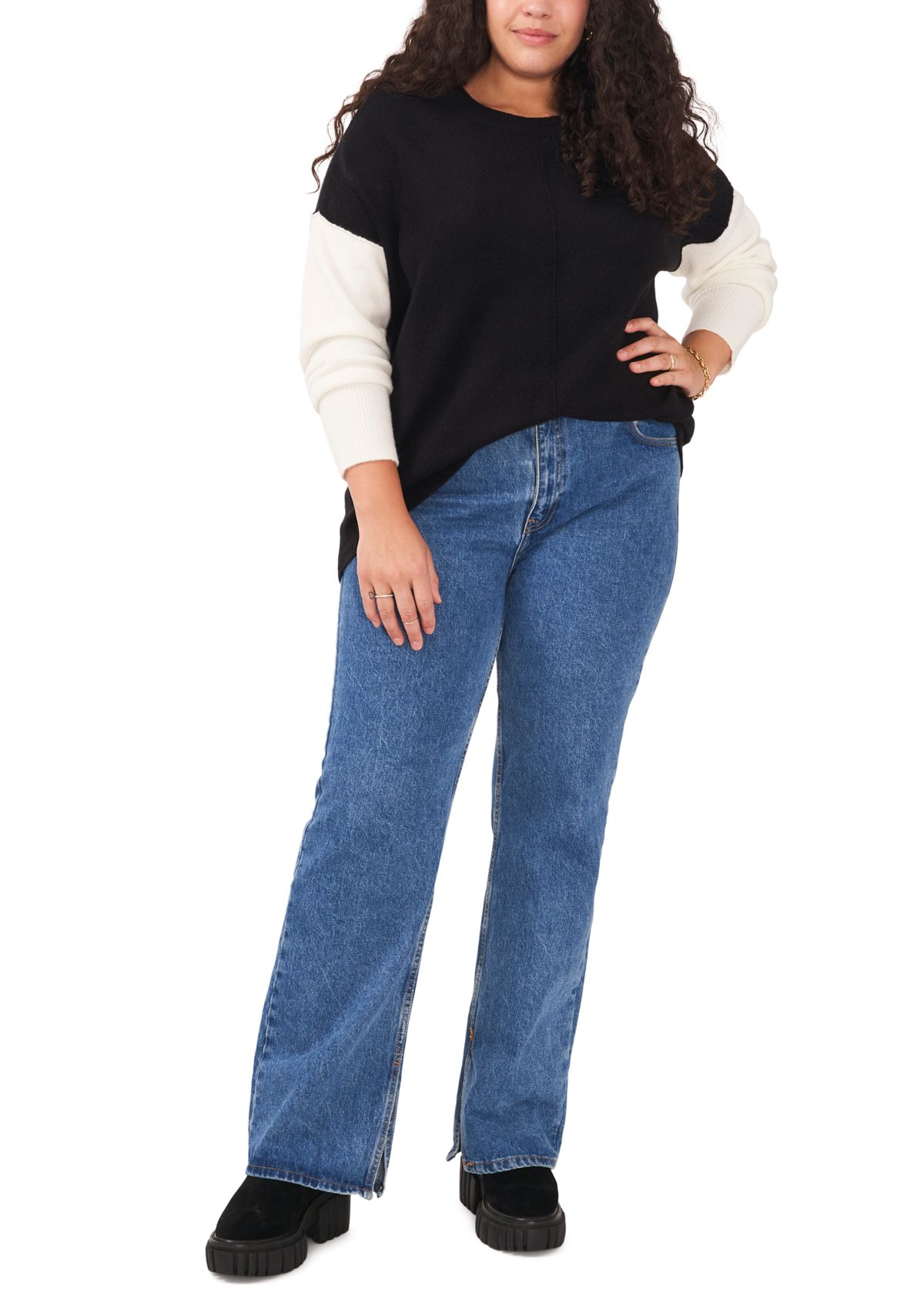 Plus Size Crew Neck Cozy Cashmere Color Block Sleeve Sweater