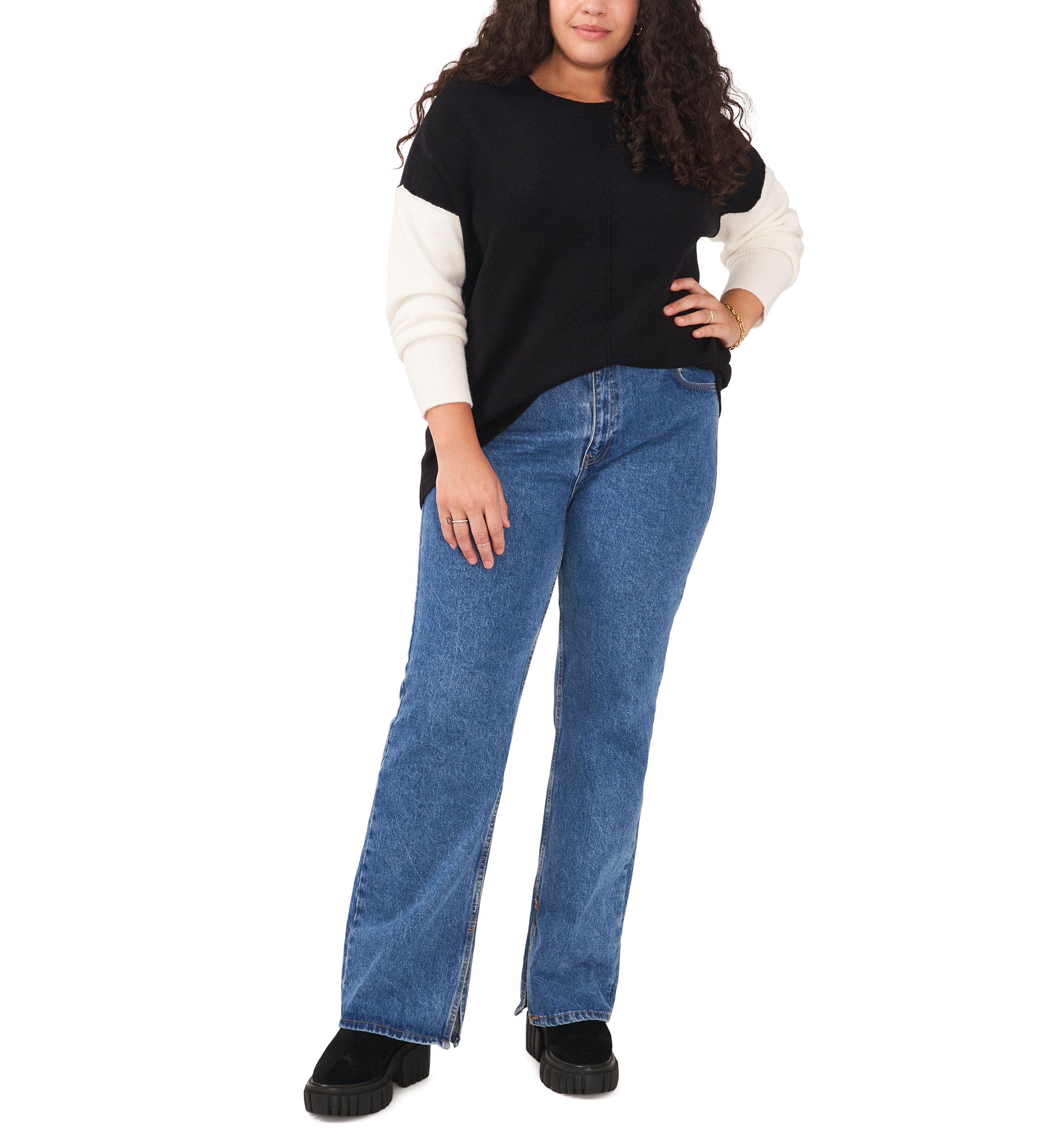 Plus Size Crew Neck Cozy Cashmere Color Block Sleeve Sweater