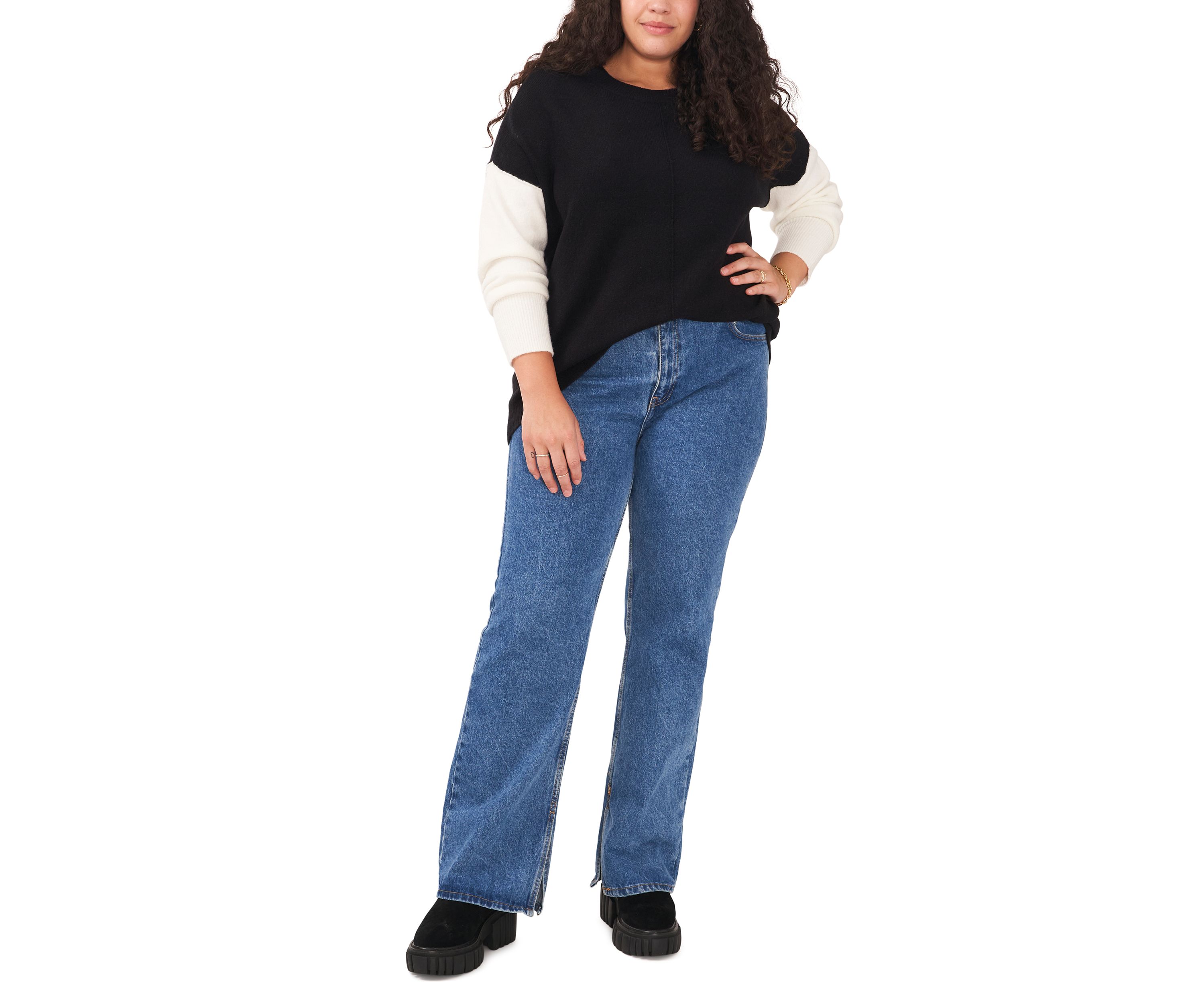 Plus Size Crew Neck Cozy Cashmere Color Block Sleeve Sweater