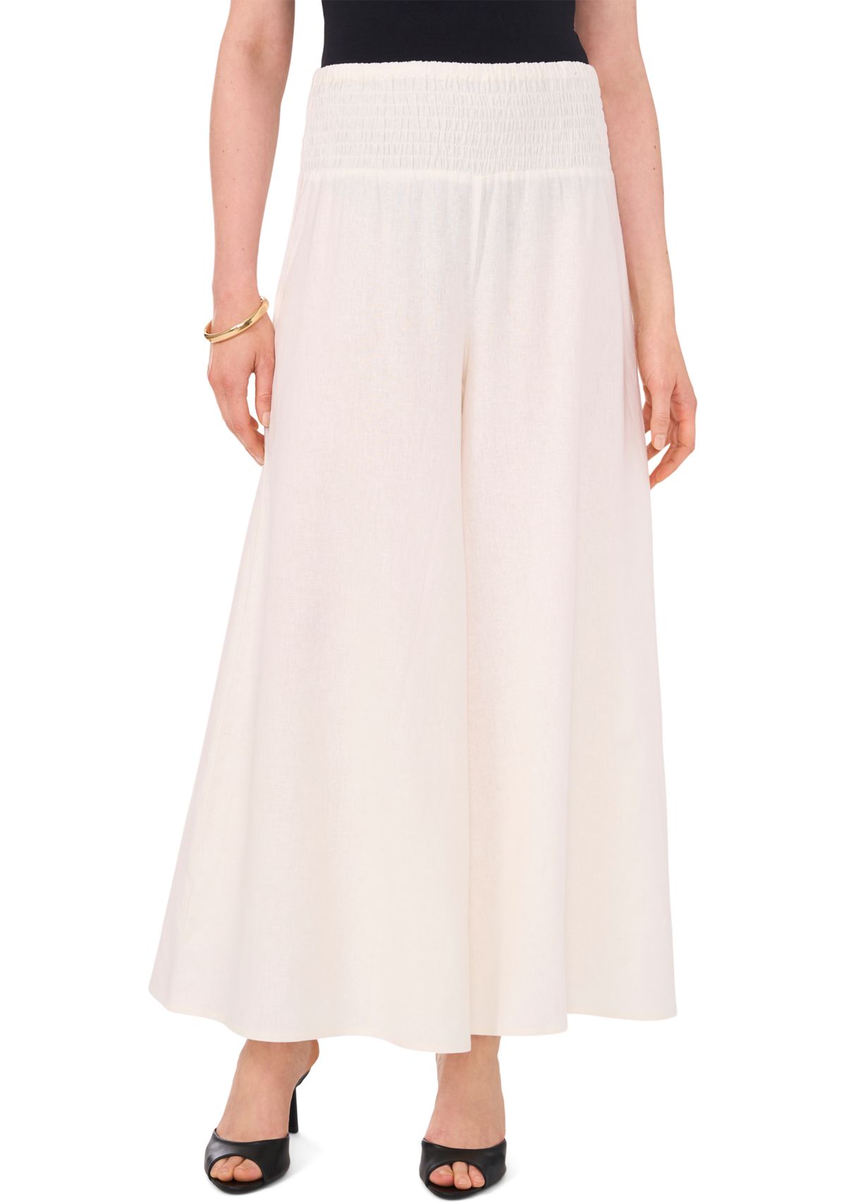 Womens Smock Waist Linen Wide Leg Pants 