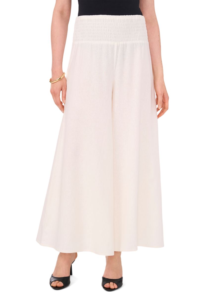 Womens Smock Waist Linen Wide Leg Pants 