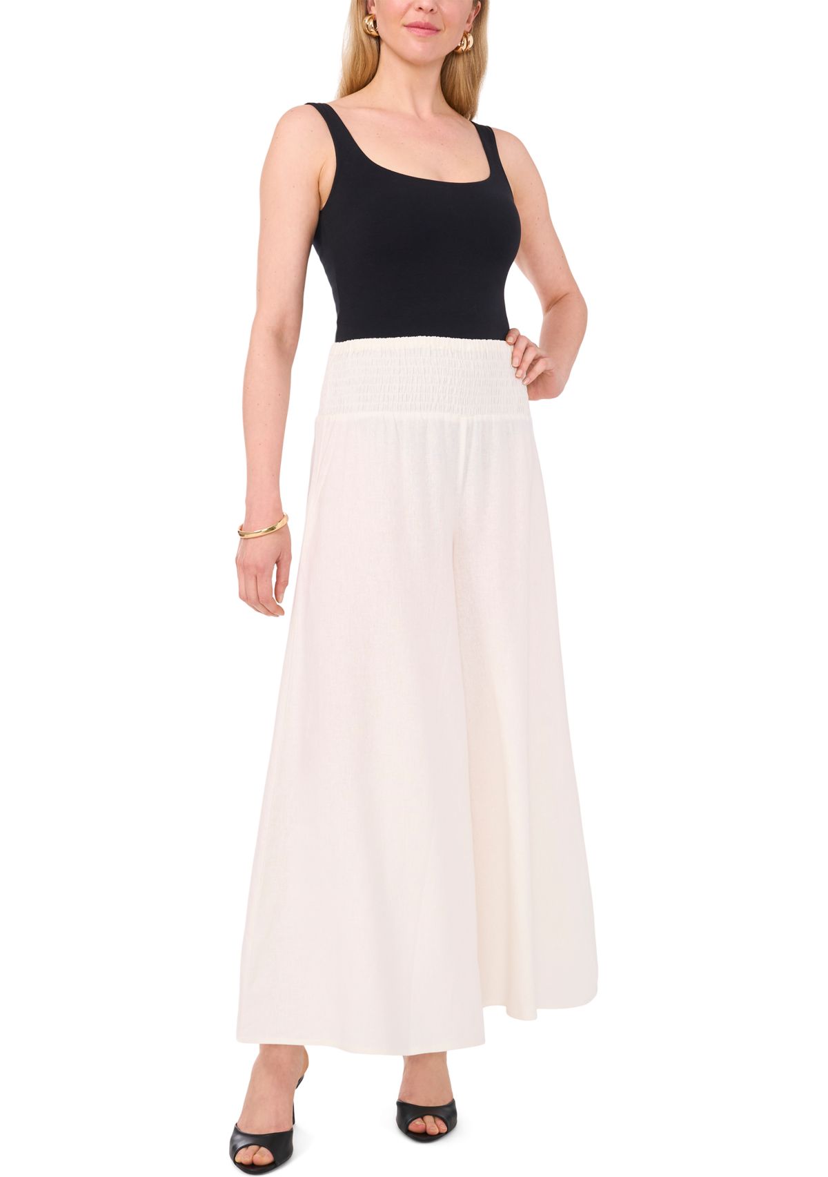 Womens Smock Waist Linen Wide Leg Pants 