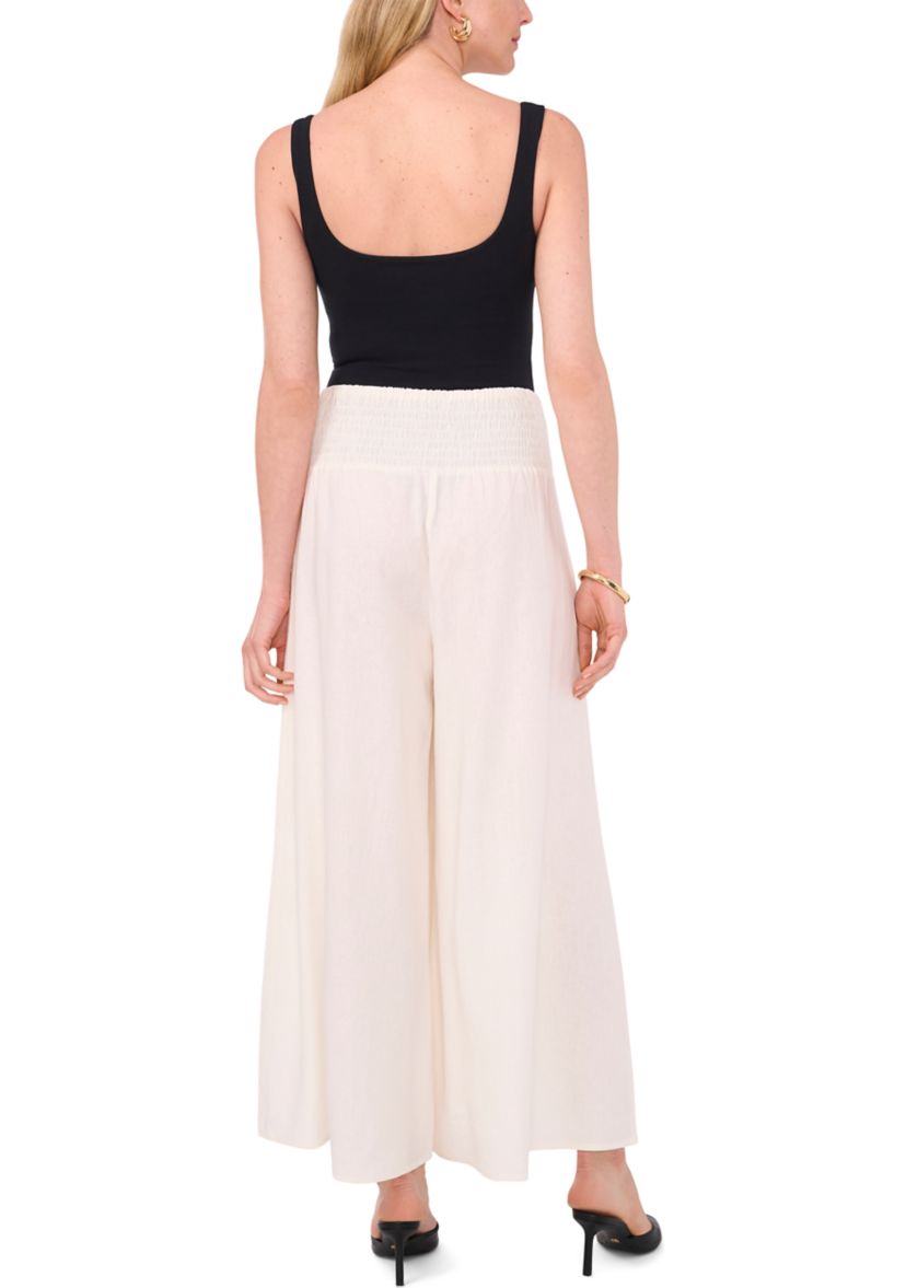 Womens Smock Waist Linen Wide Leg Pants 