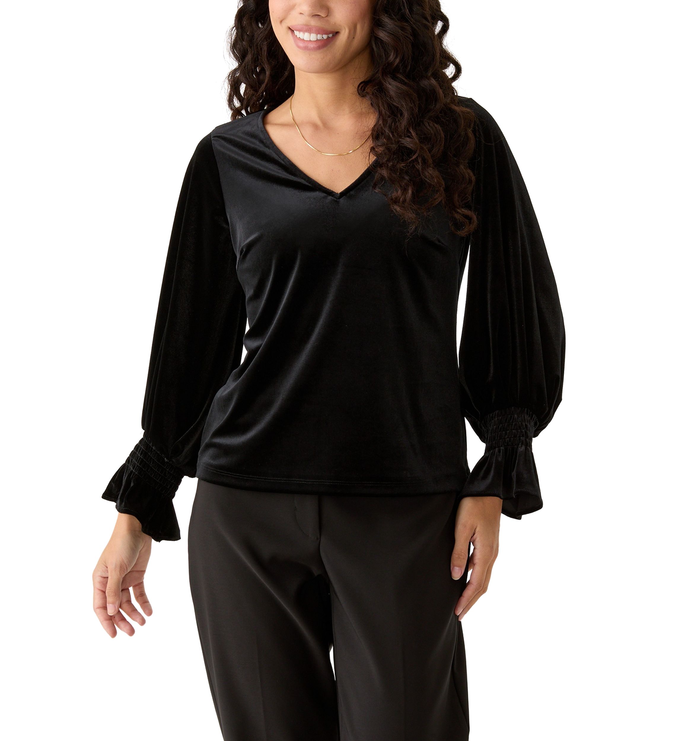 Petite Long Sleeve V-Neck Lurex Knit Blouse