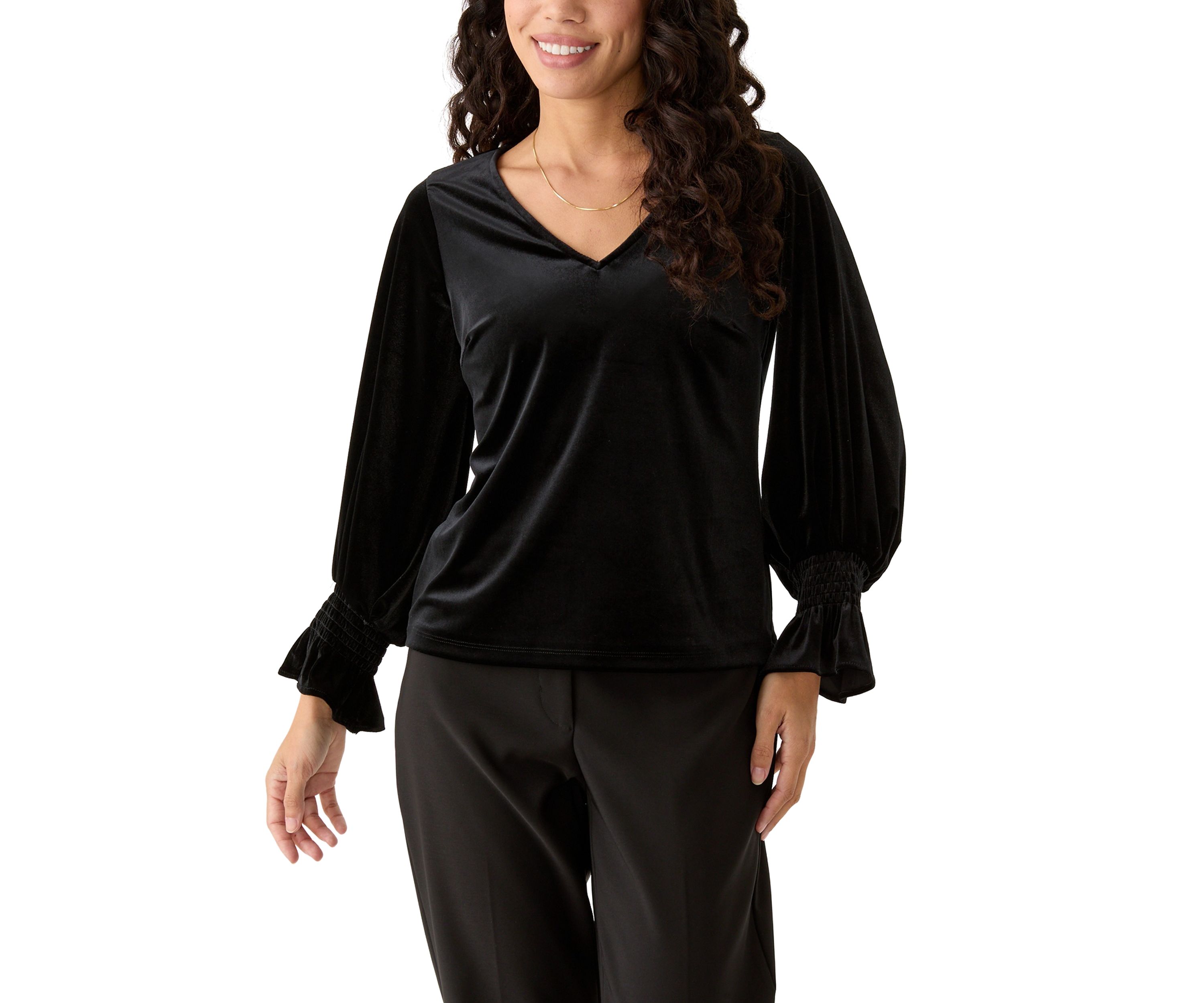 Petite Long Sleeve V-Neck Lurex Knit Blouse