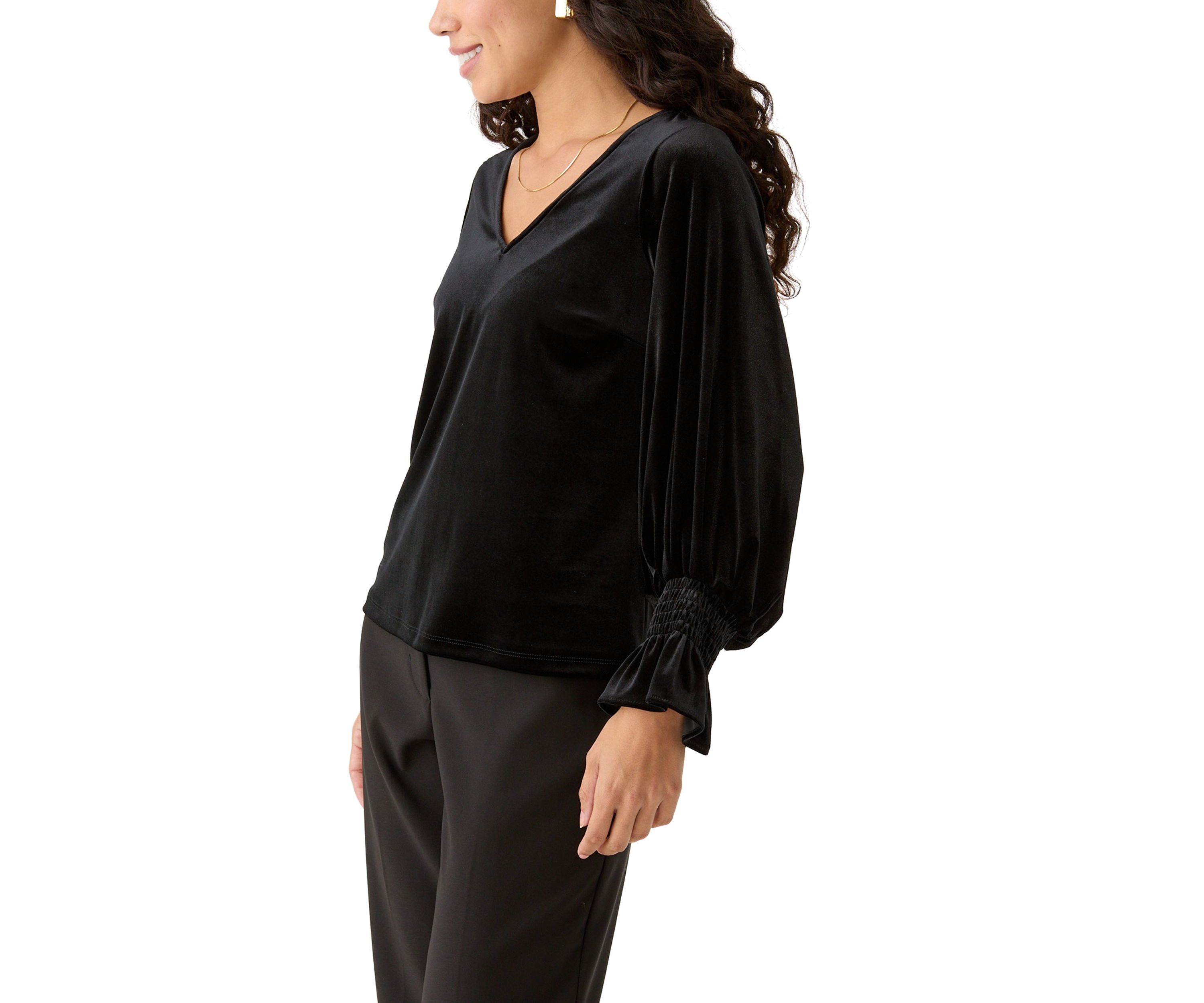 Petite Long Sleeve V-Neck Lurex Knit Blouse