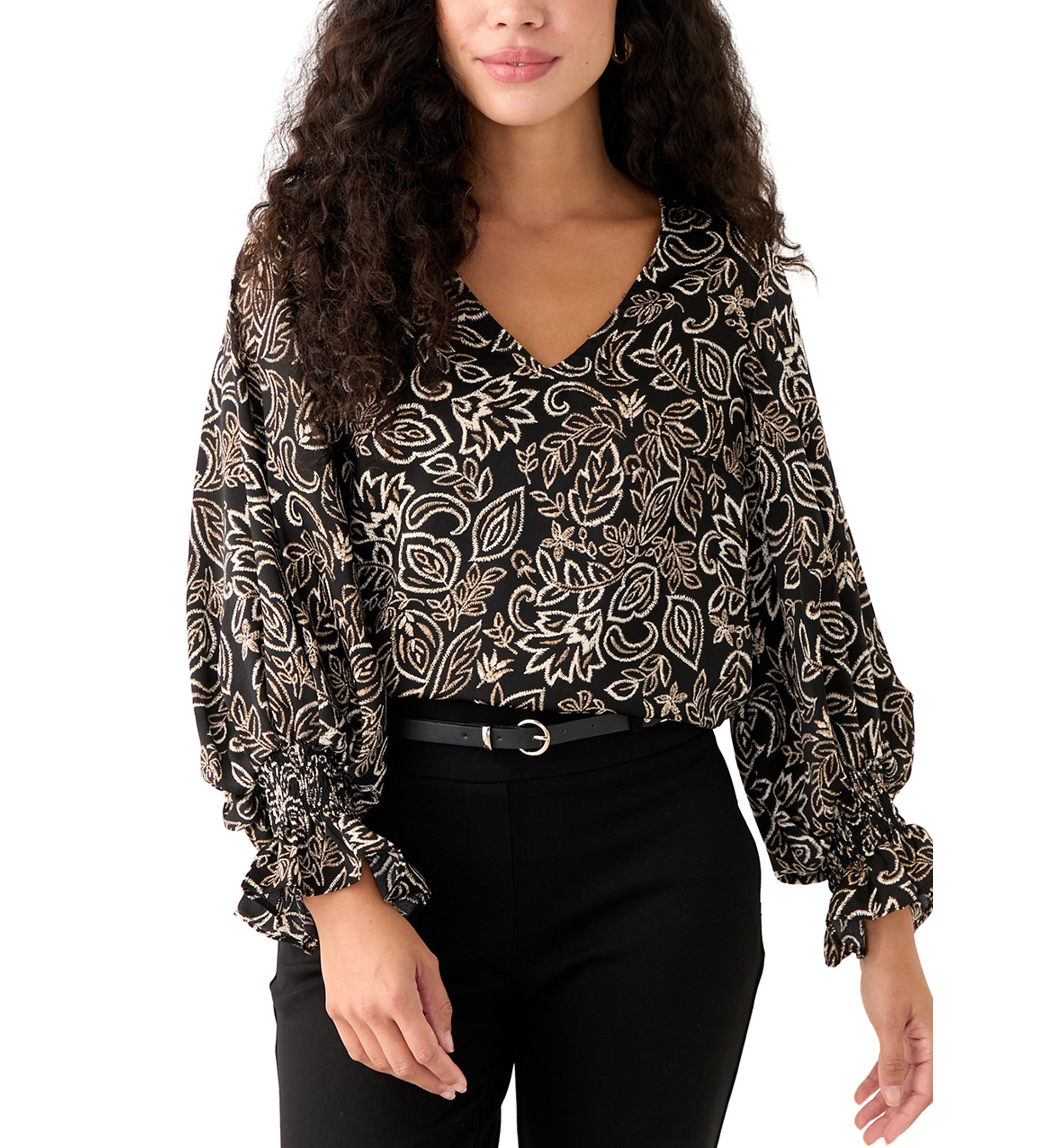 Petite V-Neck Smock Sleeve Blouse