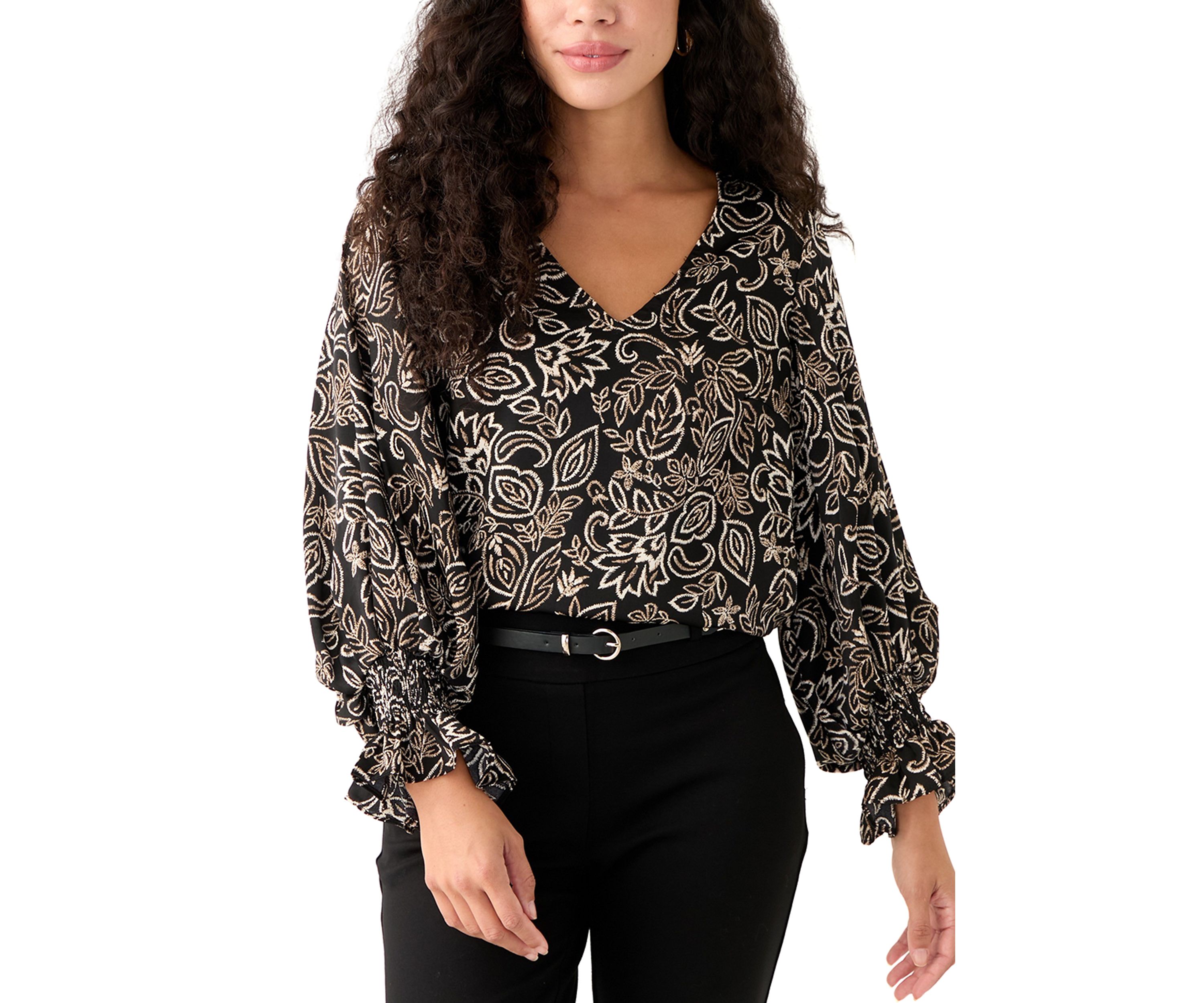 Petite V-Neck Smock Sleeve Blouse