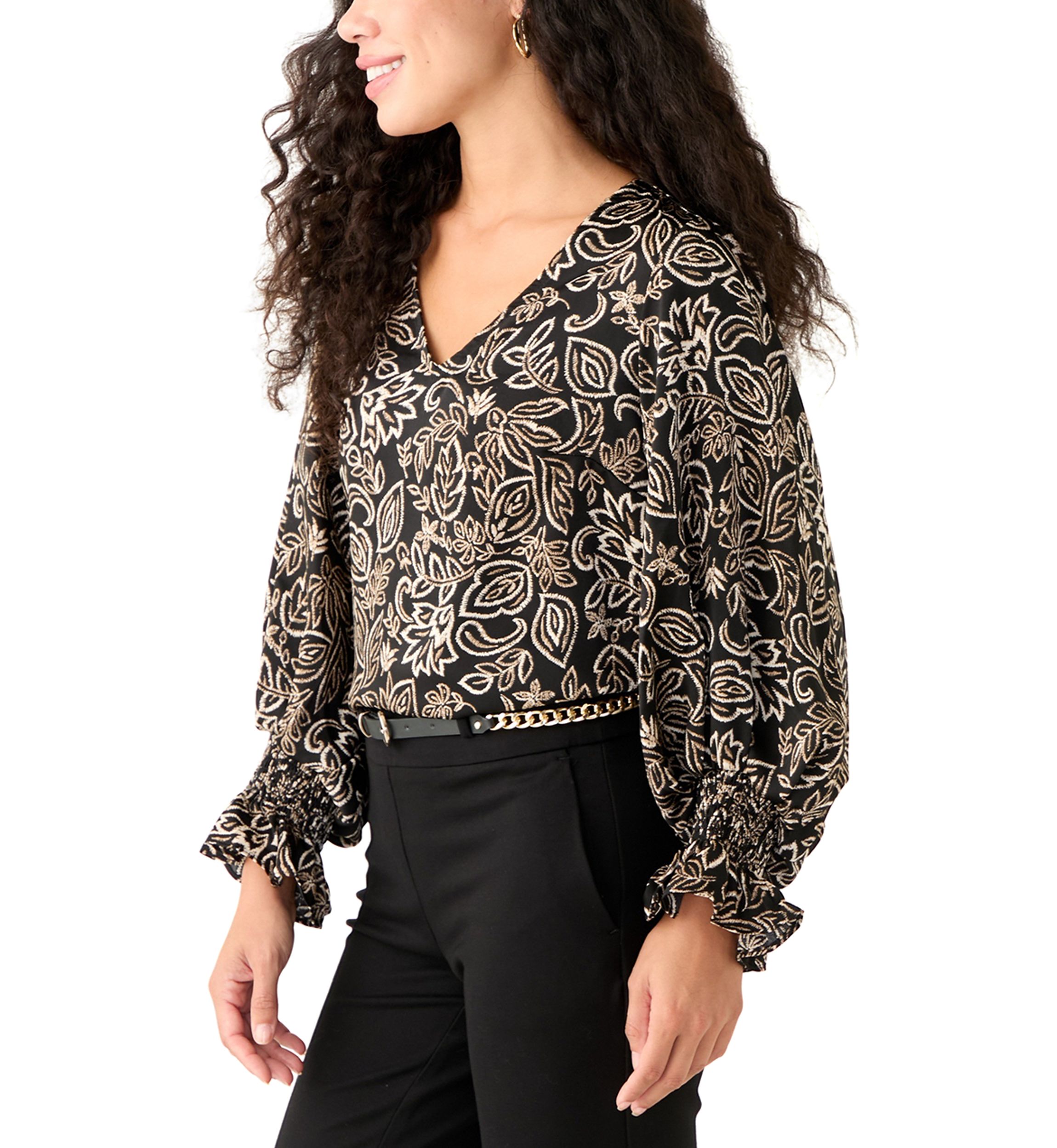 Petite V-Neck Smock Sleeve Blouse