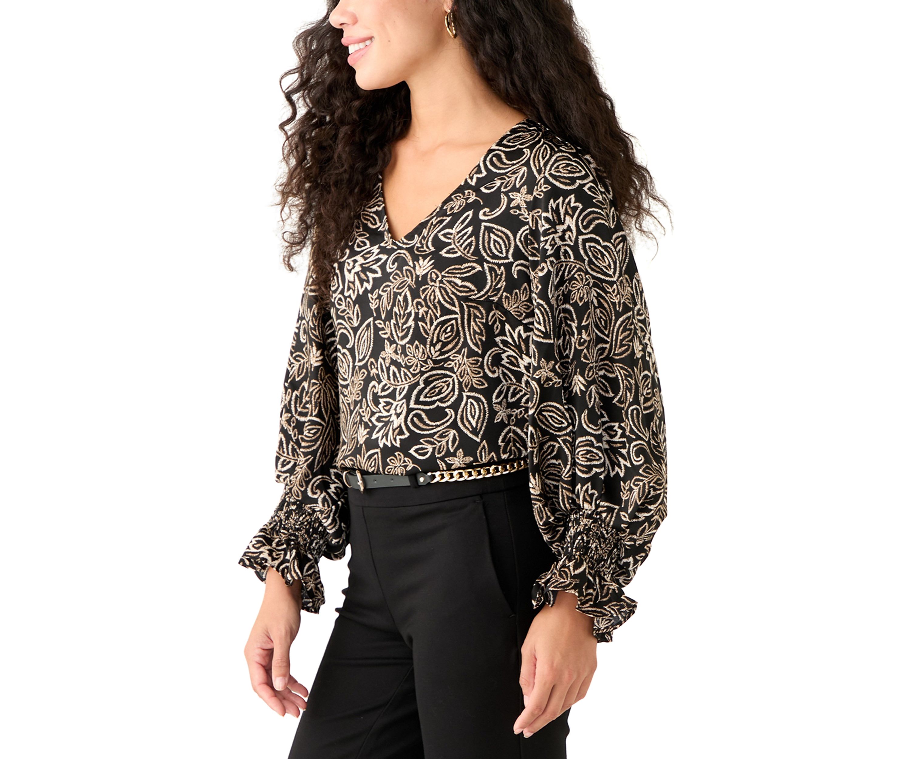 Petite V-Neck Smock Sleeve Blouse