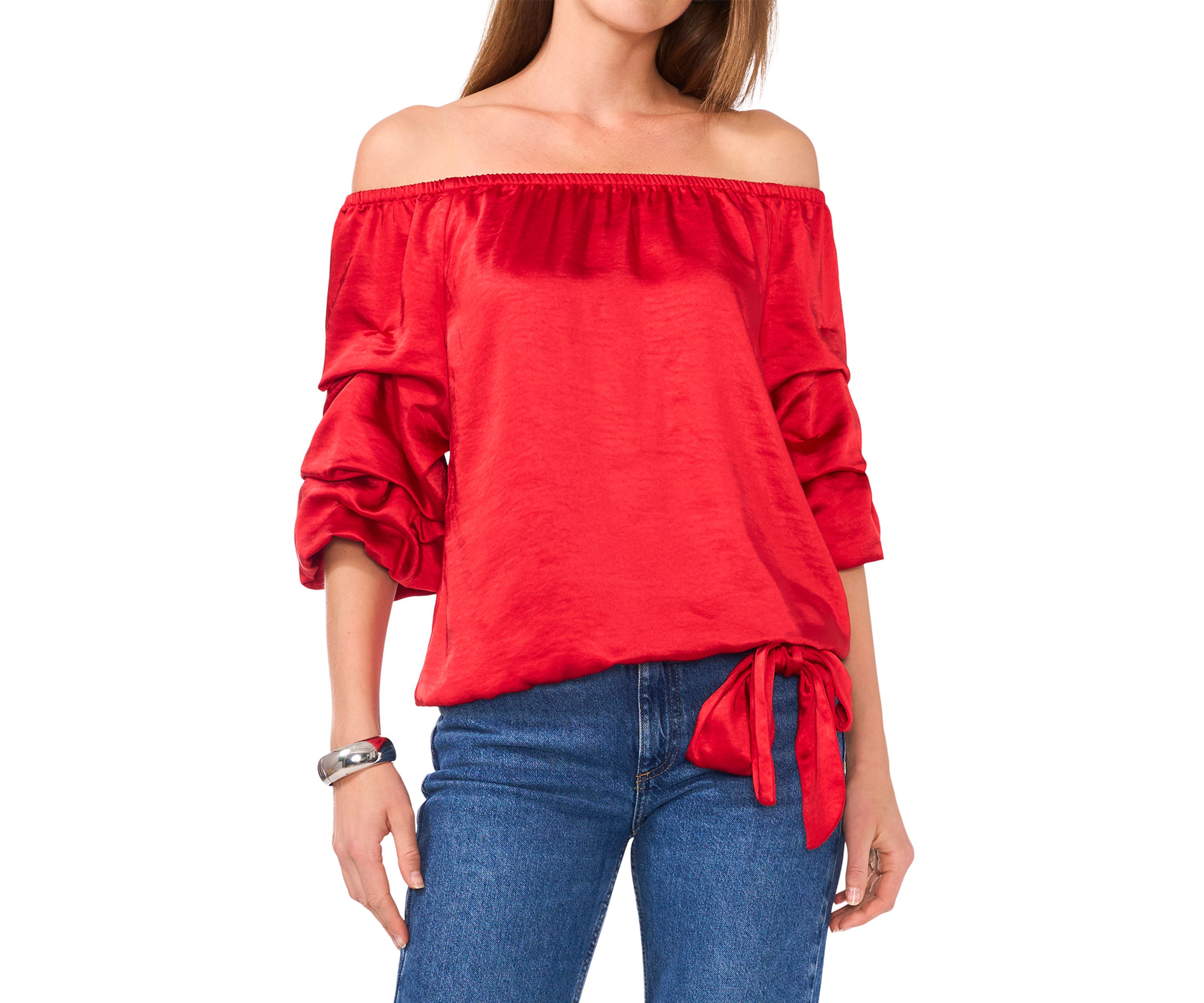 Petite Satin Cha Cha Sleeve Off the Shoulder Top 