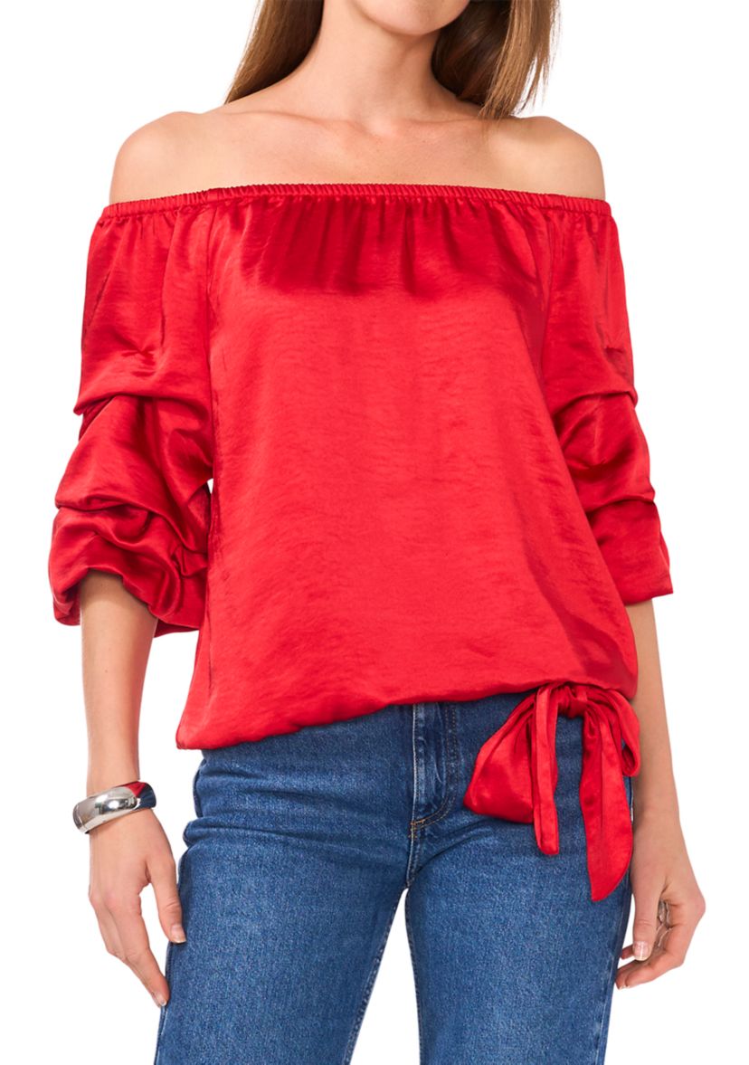 Petite Satin Cha Cha Sleeve Off the Shoulder Top 