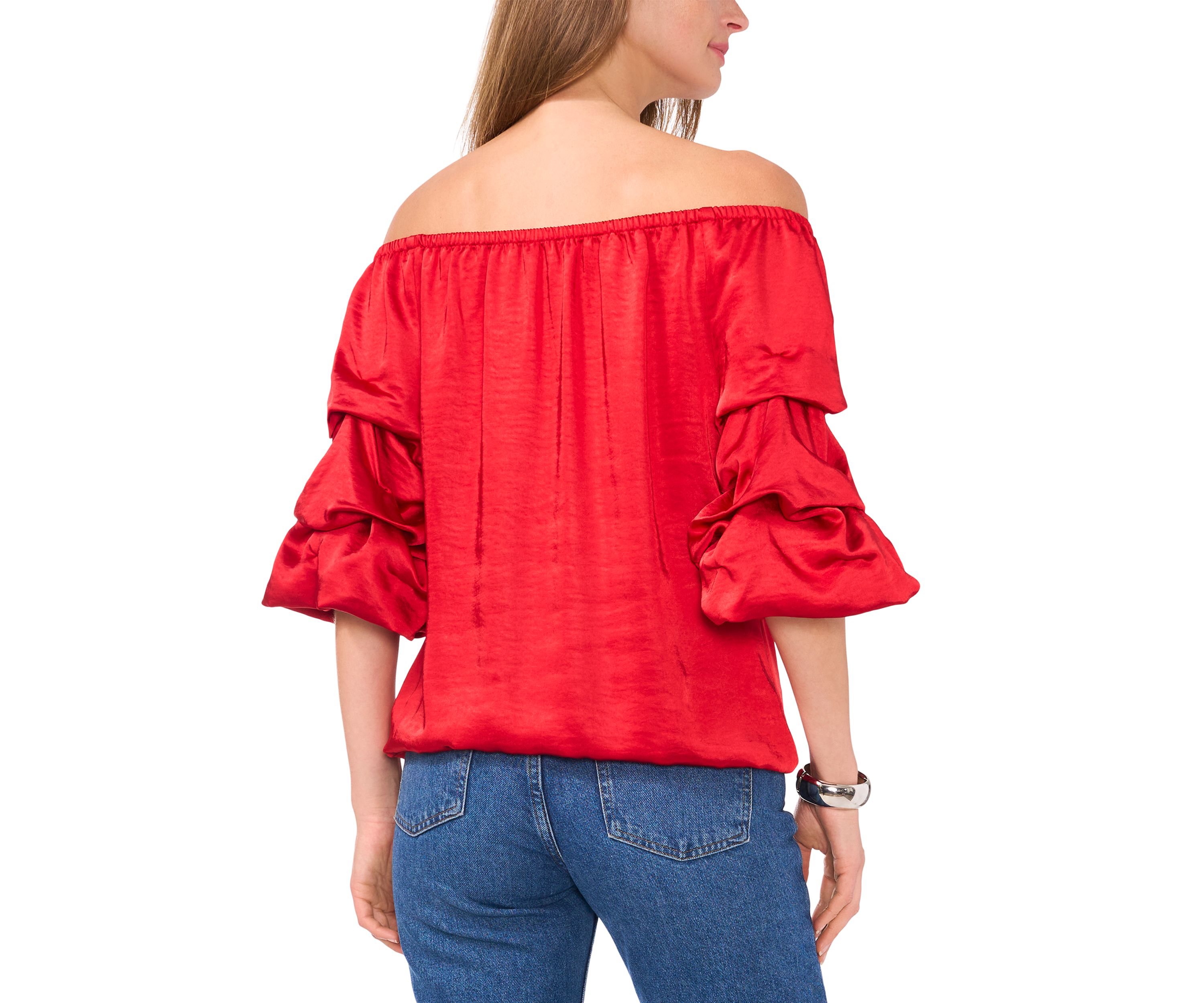 Petite Satin Cha Cha Sleeve Off the Shoulder Top 