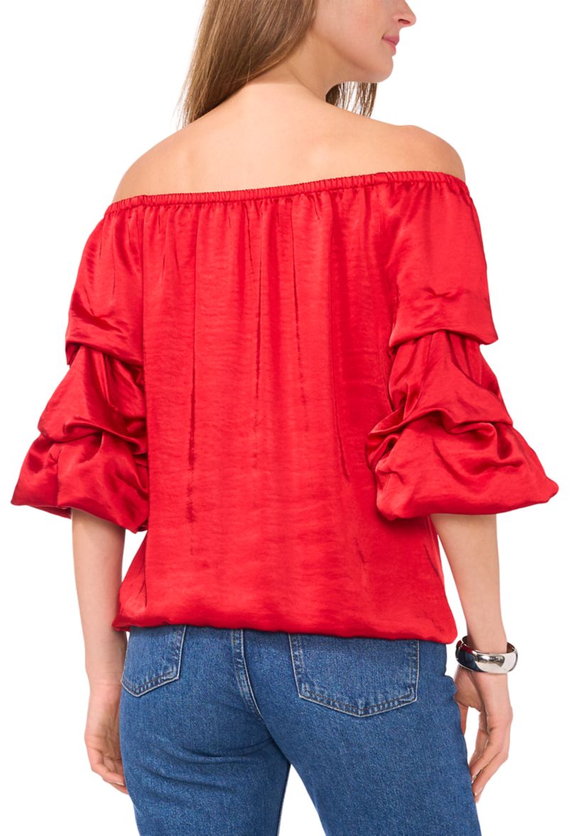Petite Satin Cha Cha Sleeve Off the Shoulder Top 