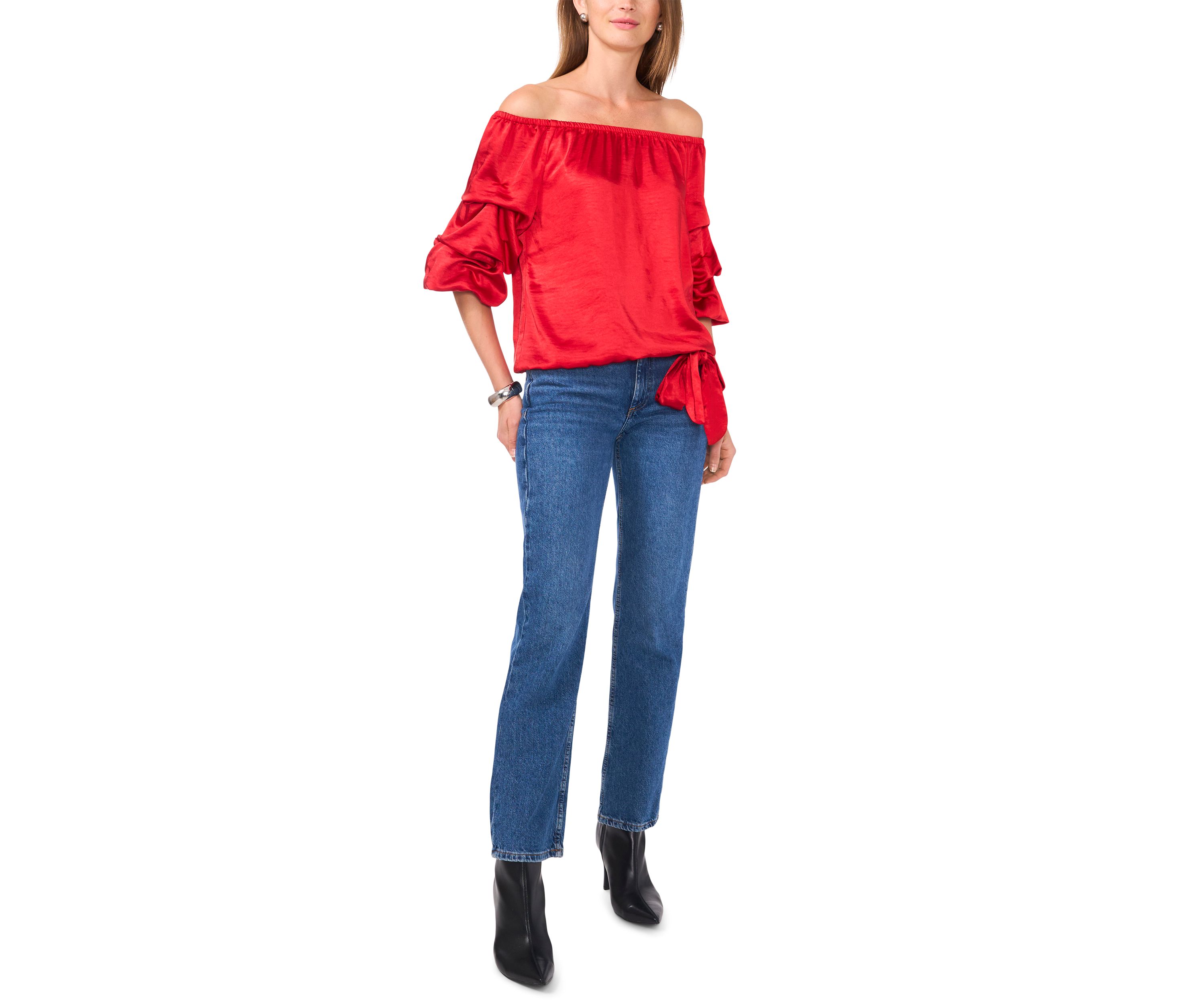 Petite Satin Cha Cha Sleeve Off the Shoulder Top 