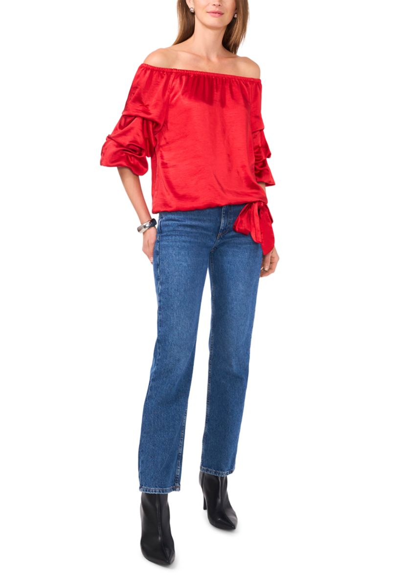 Petite Satin Cha Cha Sleeve Off the Shoulder Top 