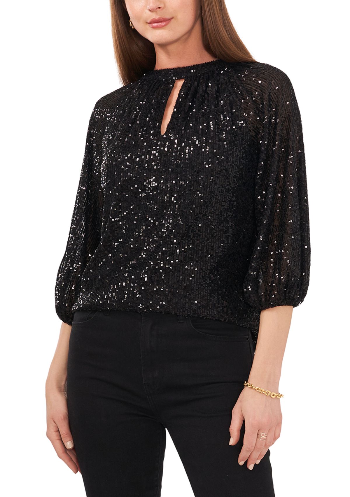 Petite 3/4 Sleeve Sequin Keyhole Top 