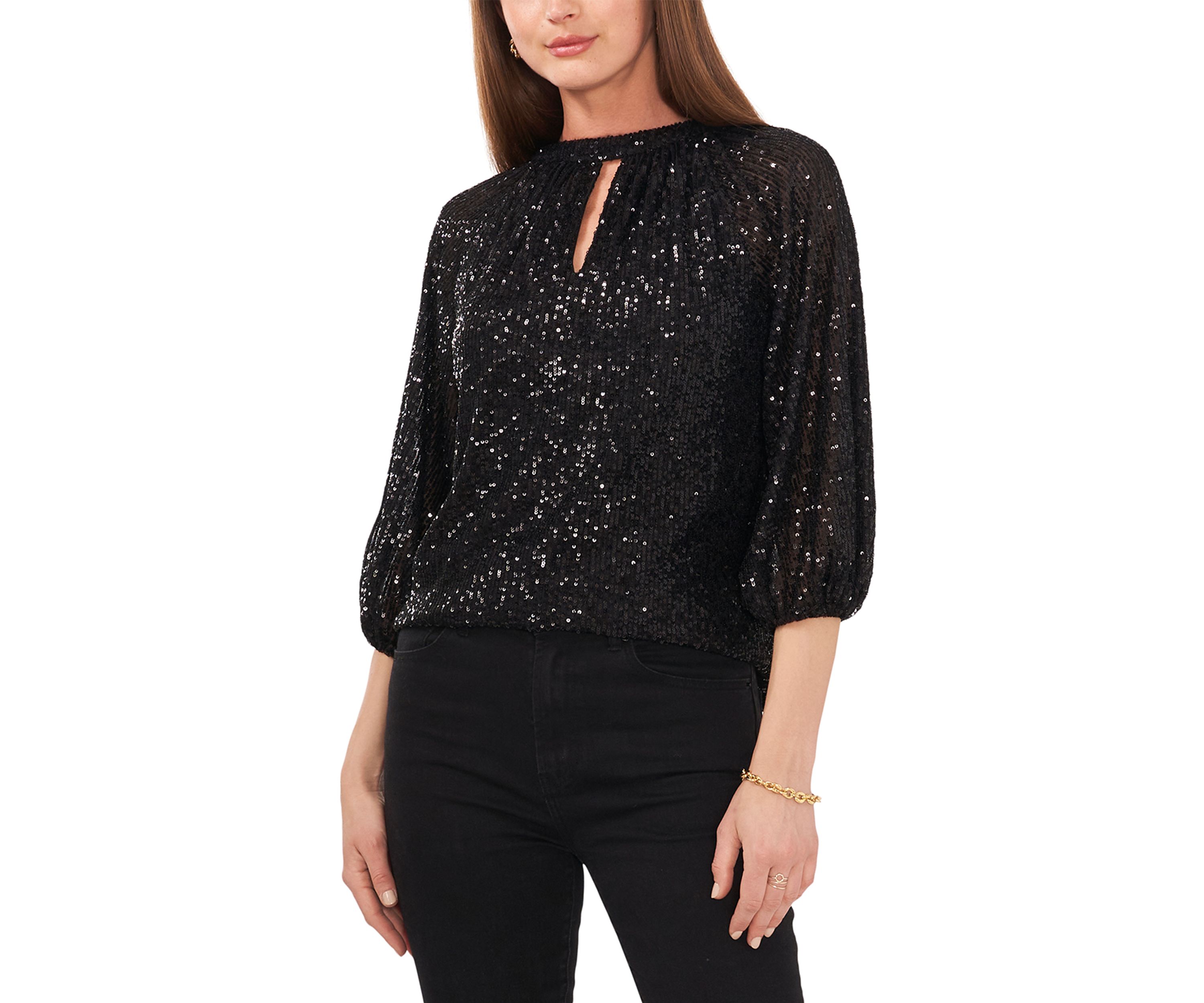 Petite 3/4 Sleeve Sequin Keyhole Top 