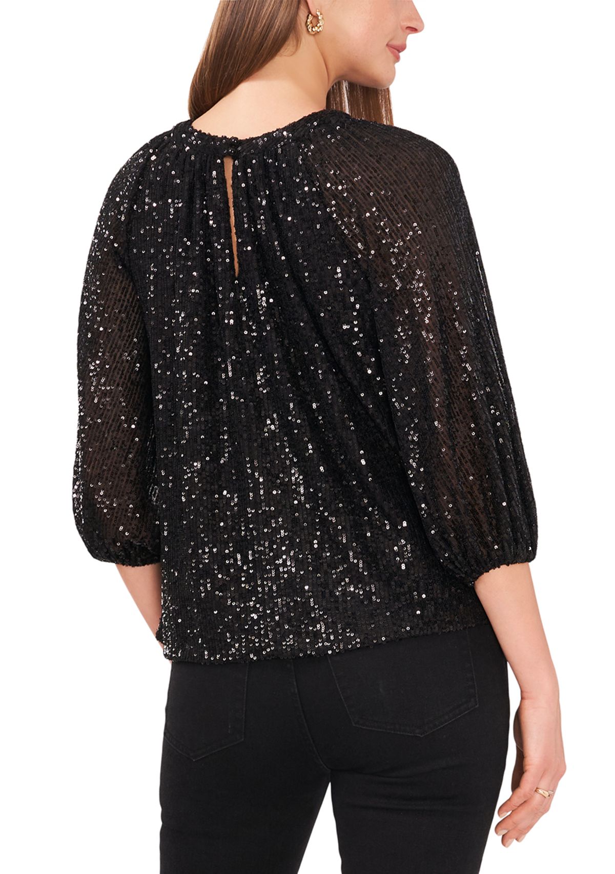 Petite 3/4 Sleeve Sequin Keyhole Top 