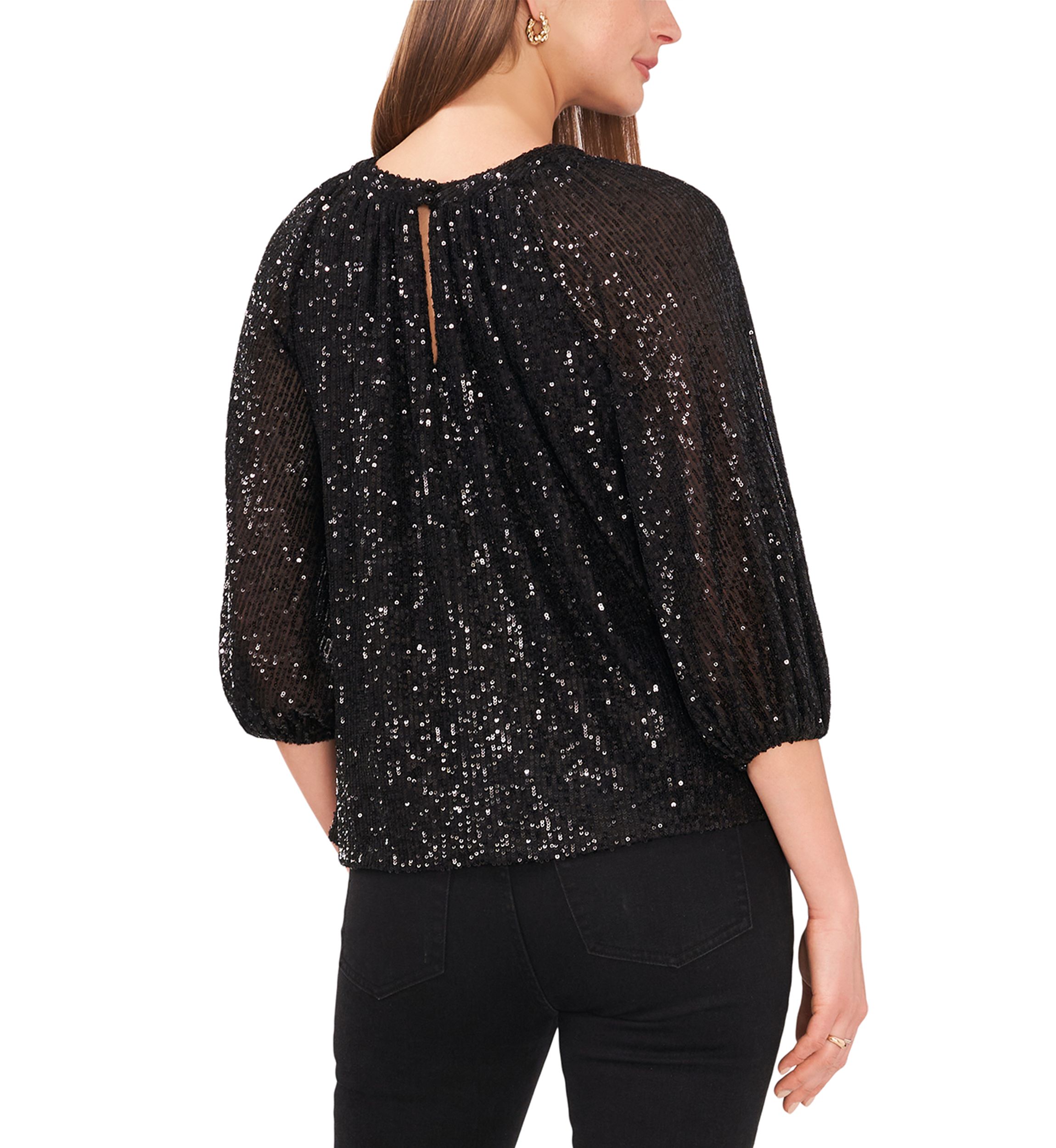 Petite 3/4 Sleeve Sequin Keyhole Top 