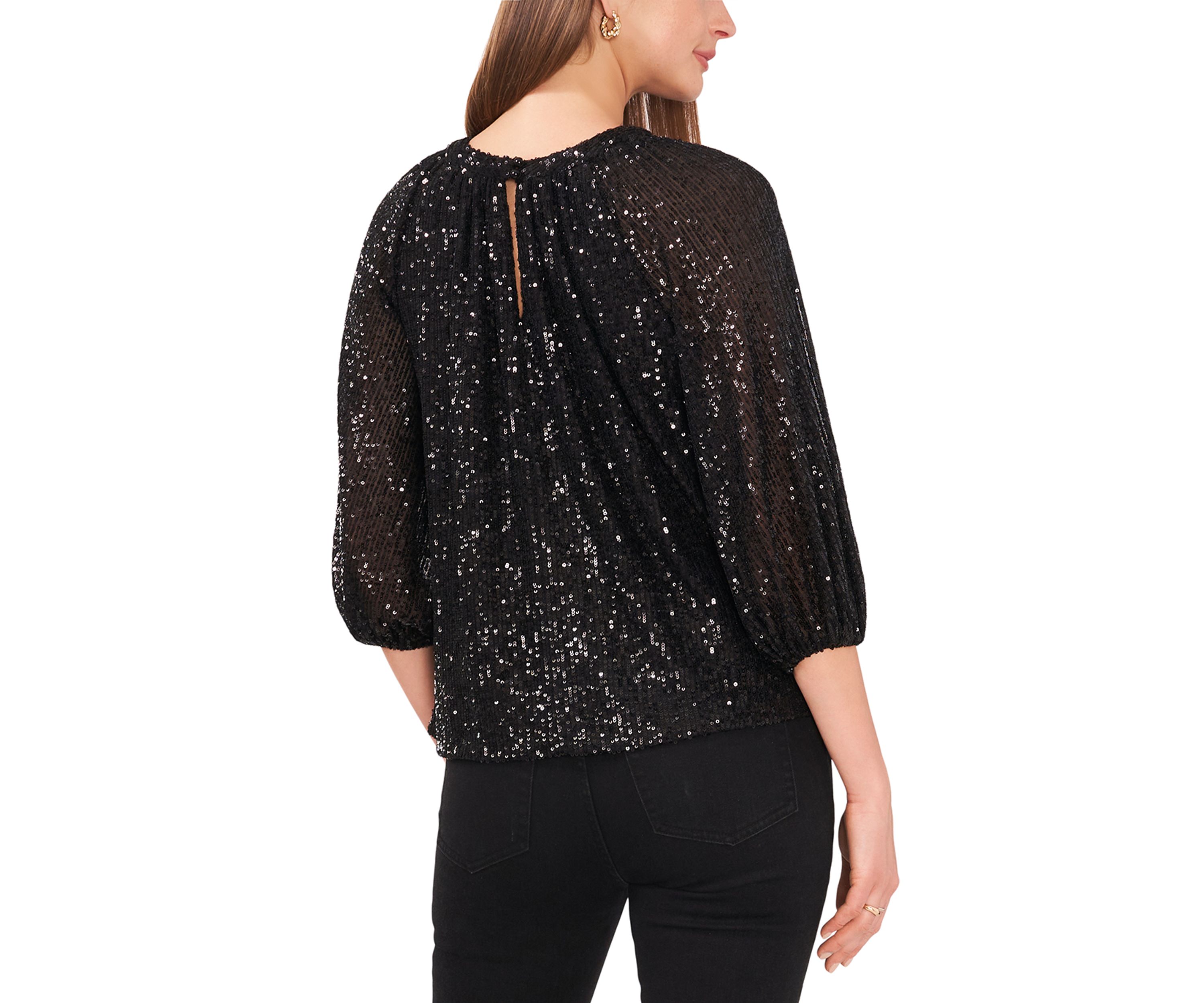 Petite 3/4 Sleeve Sequin Keyhole Top 