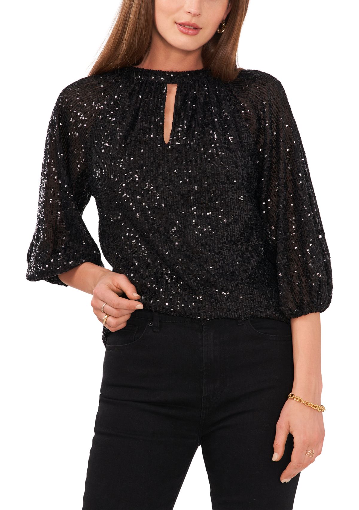 Petite 3/4 Sleeve Sequin Keyhole Top 