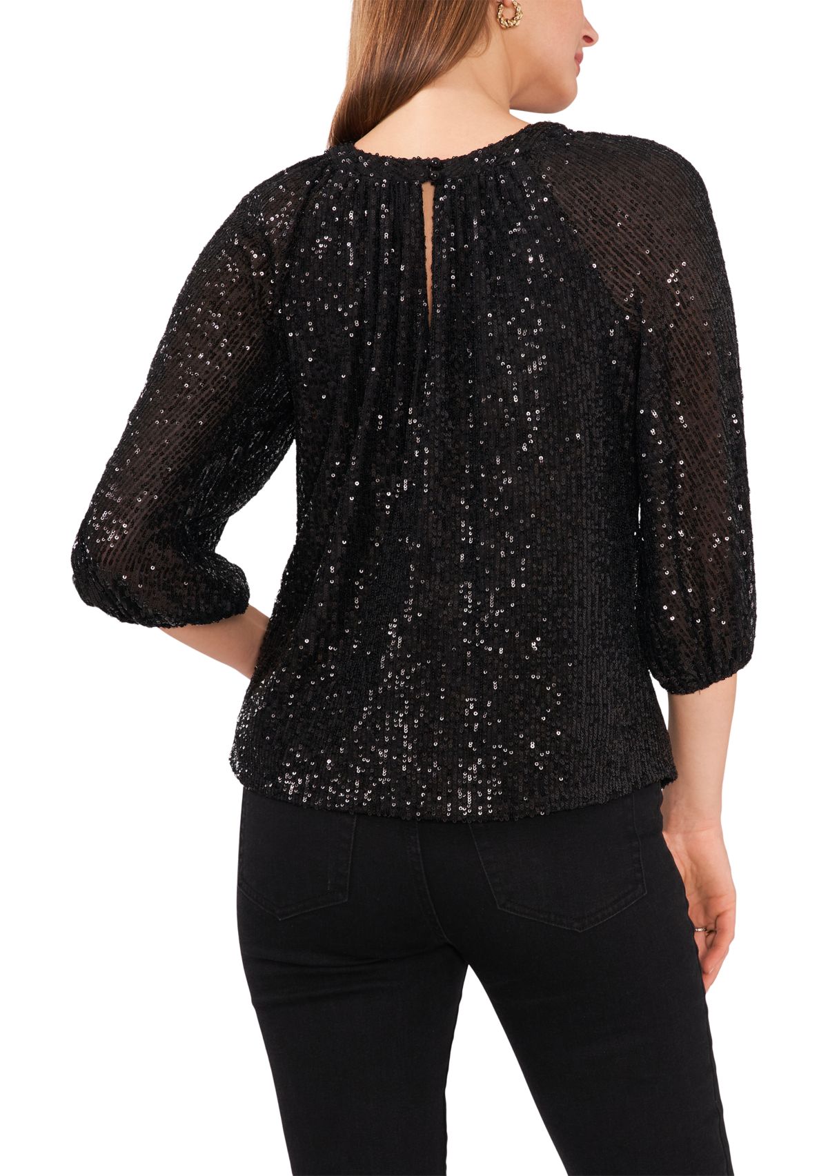 Petite 3/4 Sleeve Sequin Keyhole Top 