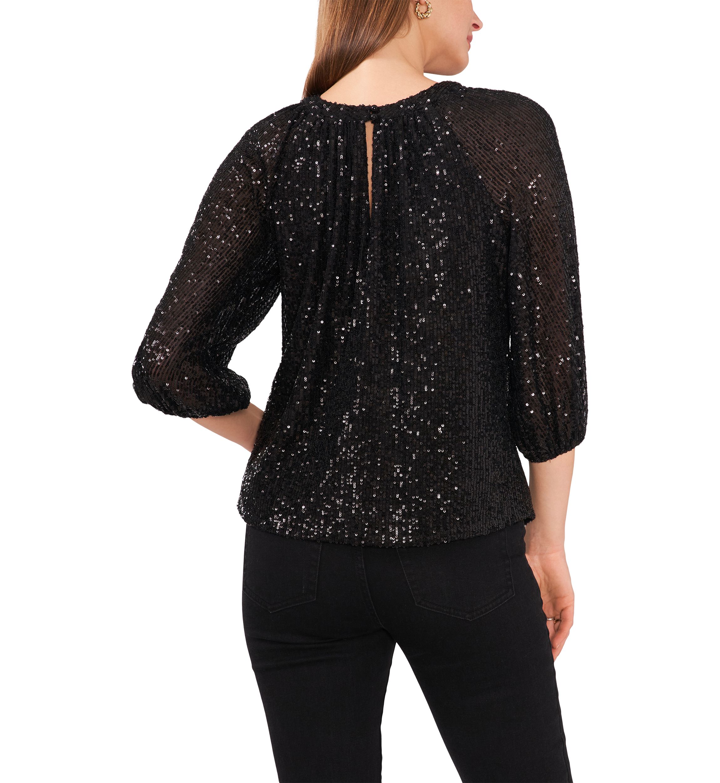 Petite 3/4 Sleeve Sequin Keyhole Top 