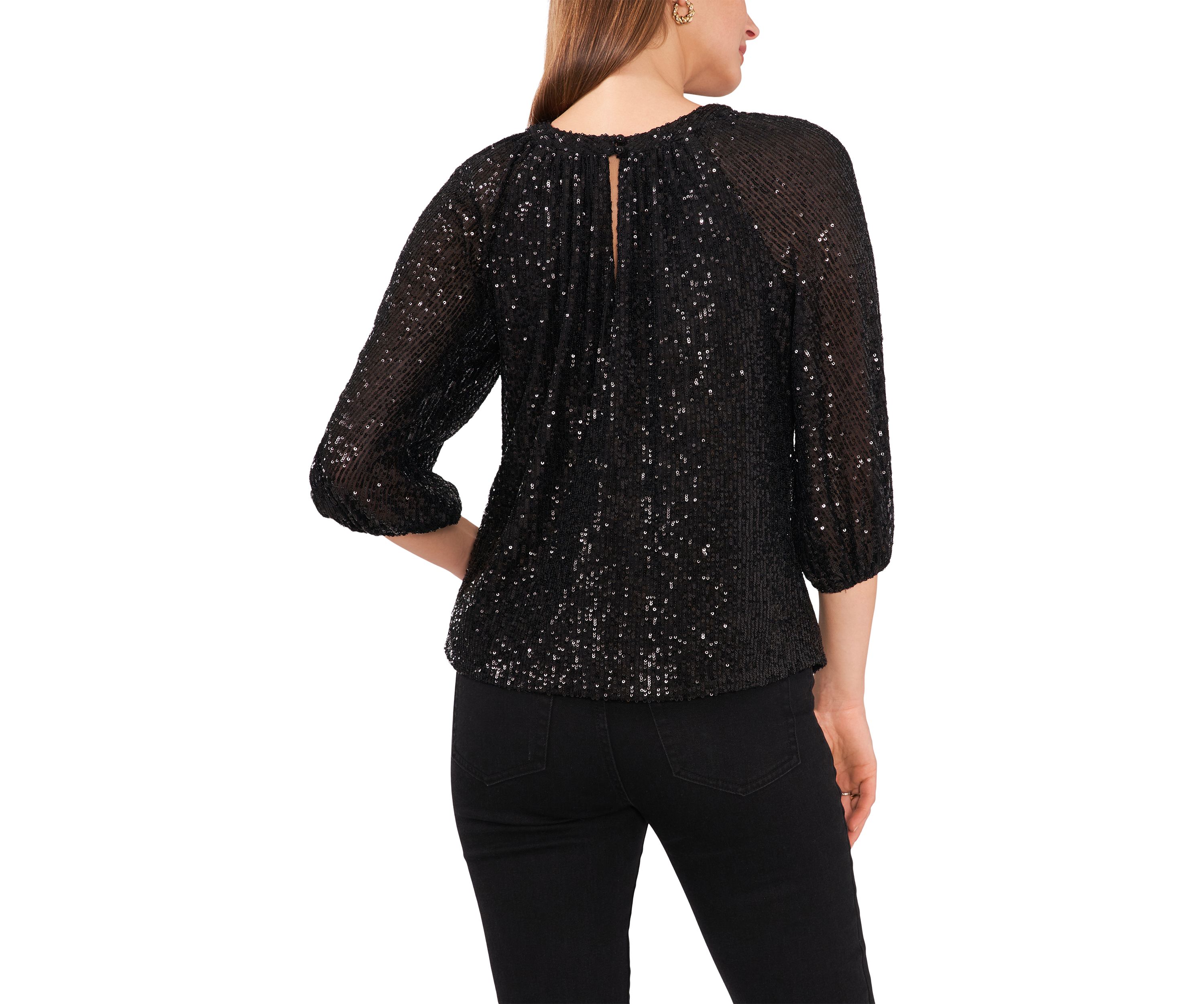 Petite 3/4 Sleeve Sequin Keyhole Top 