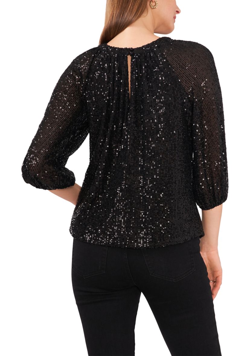Petite 3/4 Sleeve Sequin Keyhole Top 